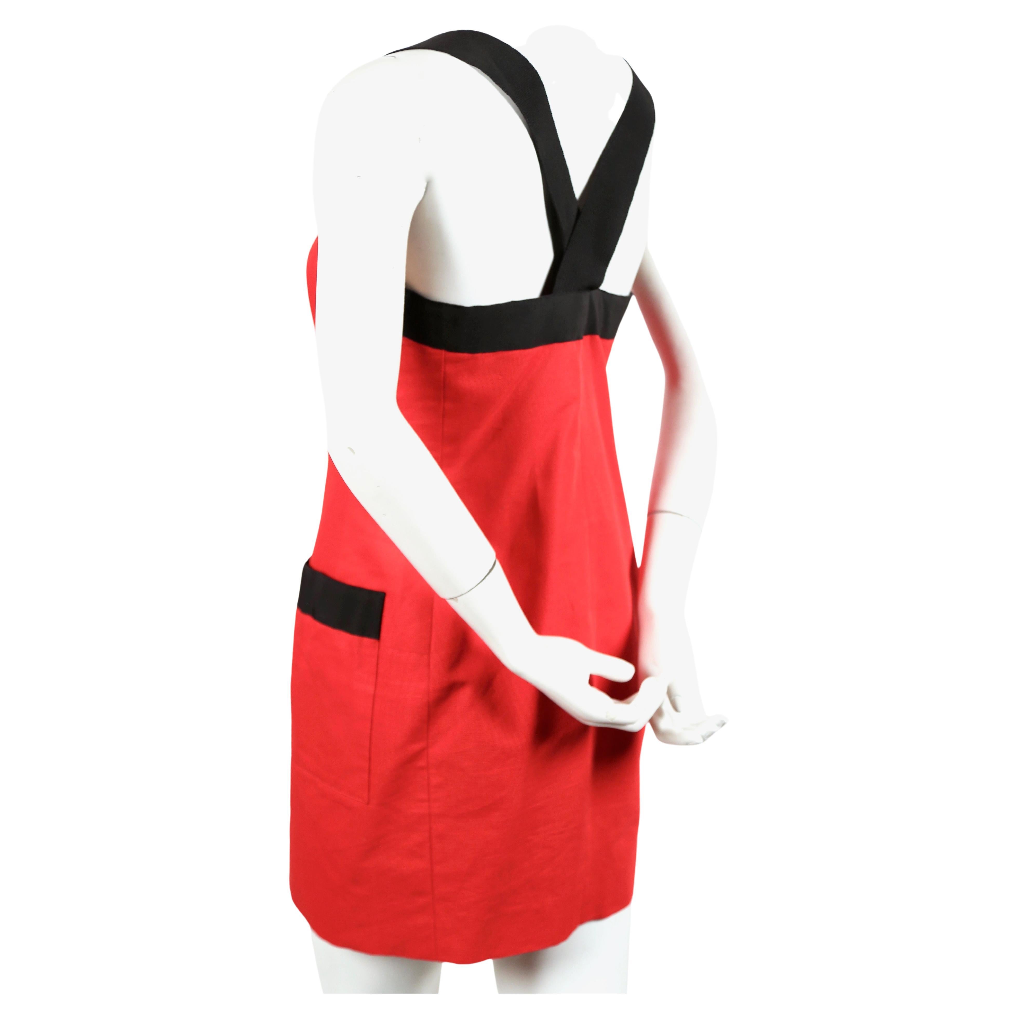 1990's YVES SAINT LAURENT red cotton dress with black grosgrain trim  In Good Condition For Sale In San Fransisco, CA
