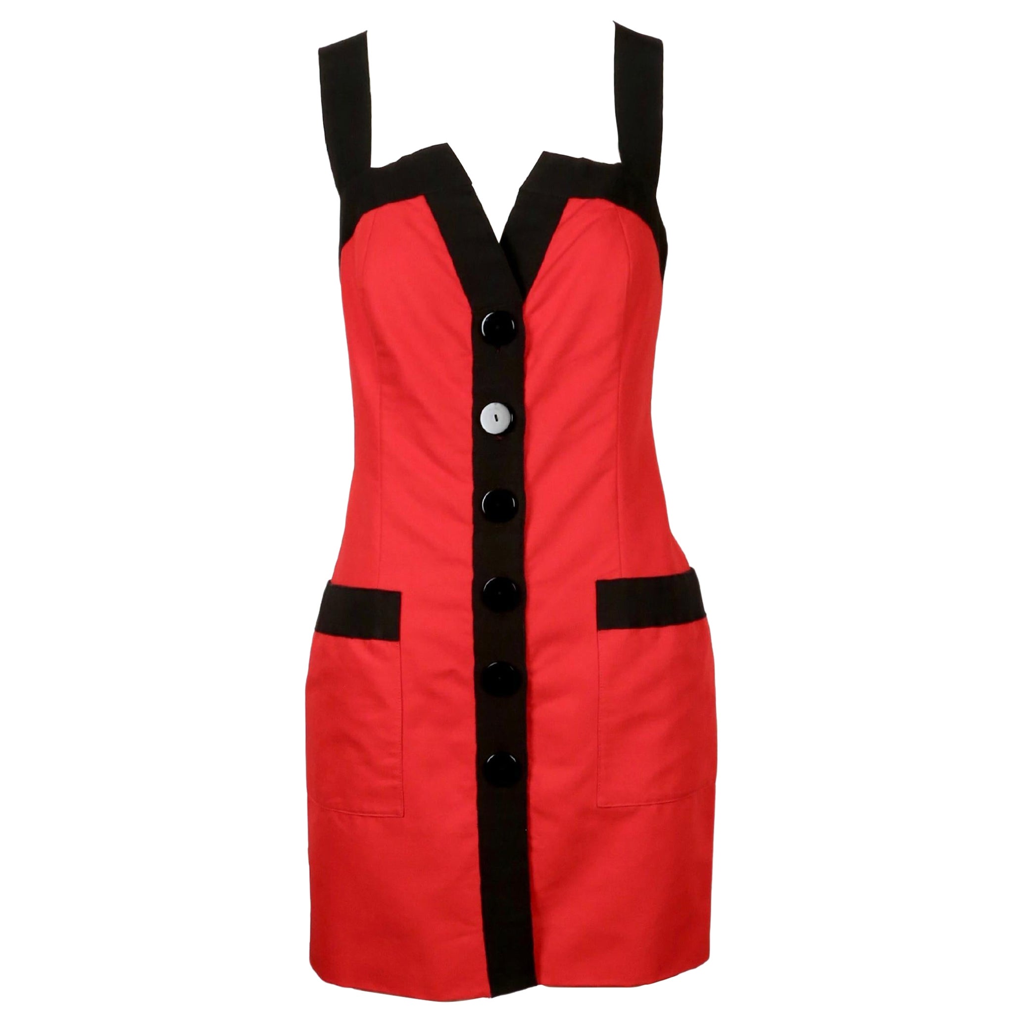 1990's YVES SAINT LAURENT red cotton dress with black grosgrain trim