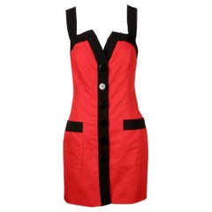 1990 - Yves Saint Laurent - Robe en coton rouge avec bordures en gros-grain noir