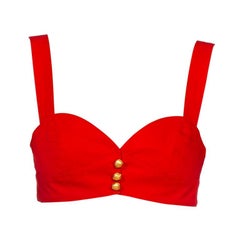 Vintage 1990S YVES SAINT LAURENT Red Cotton Twill Bra Style Top With Gold Front Buttons