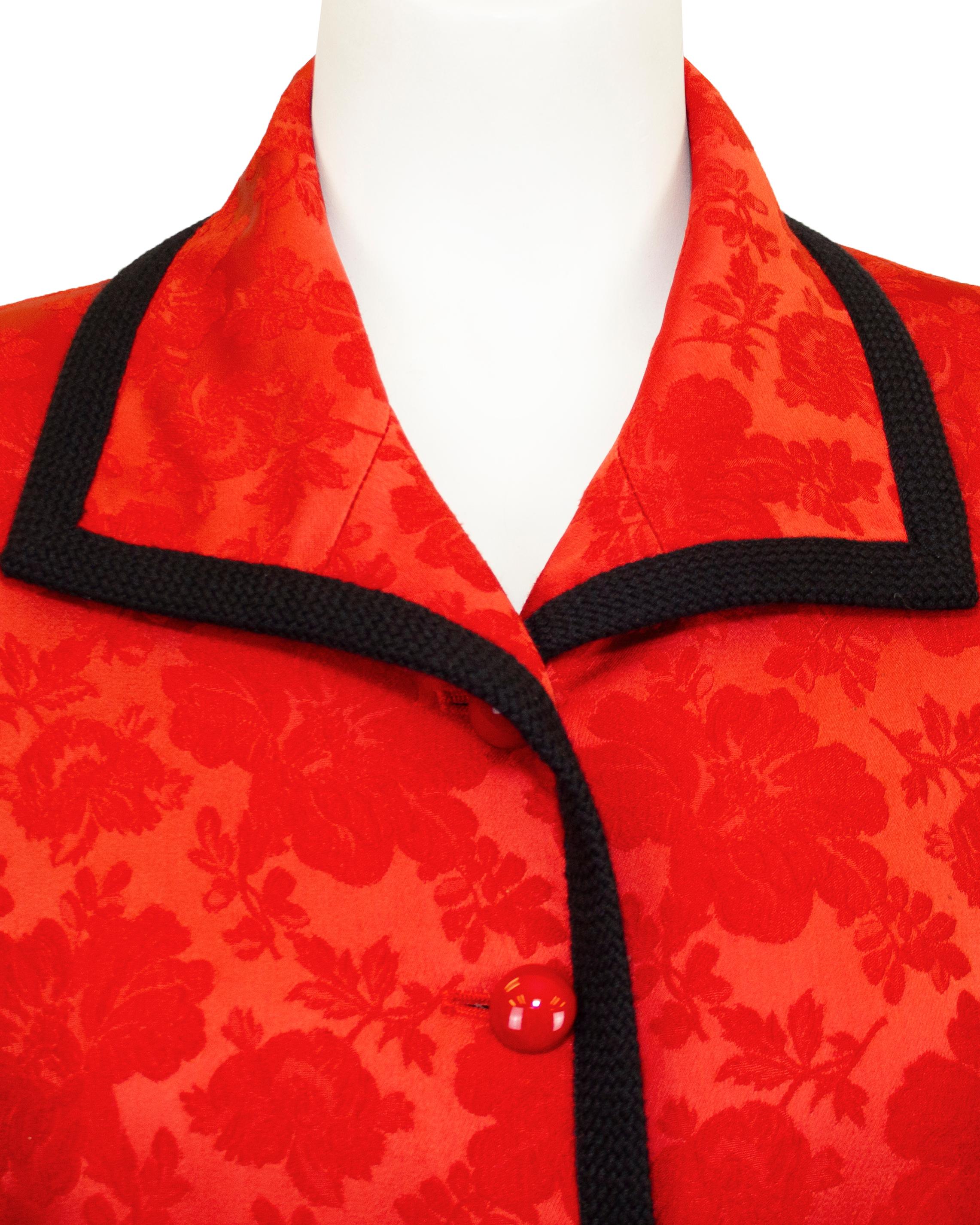 Women's 1990s Yves Saint Laurent Red Silk Damask Blazer For Sale