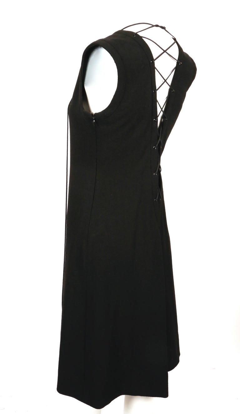 1990's YVES SAINT LAURENT rive gauche black wool dress with lace up back In Excellent Condition For Sale In San Fransisco, CA