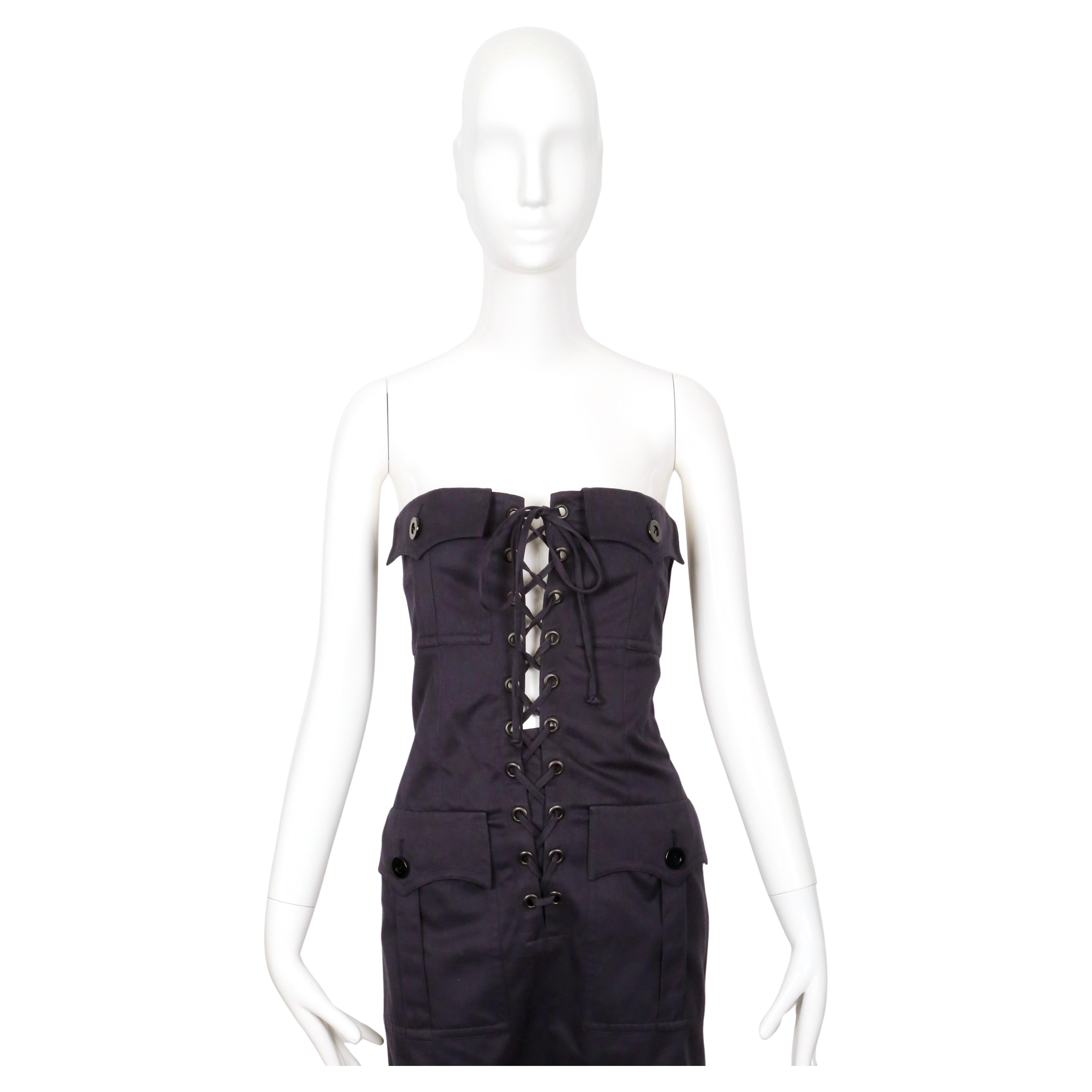 1990 YVES SAINT LAURENT Rive Gauche Vestido safari azul marino sin tirantes Negro