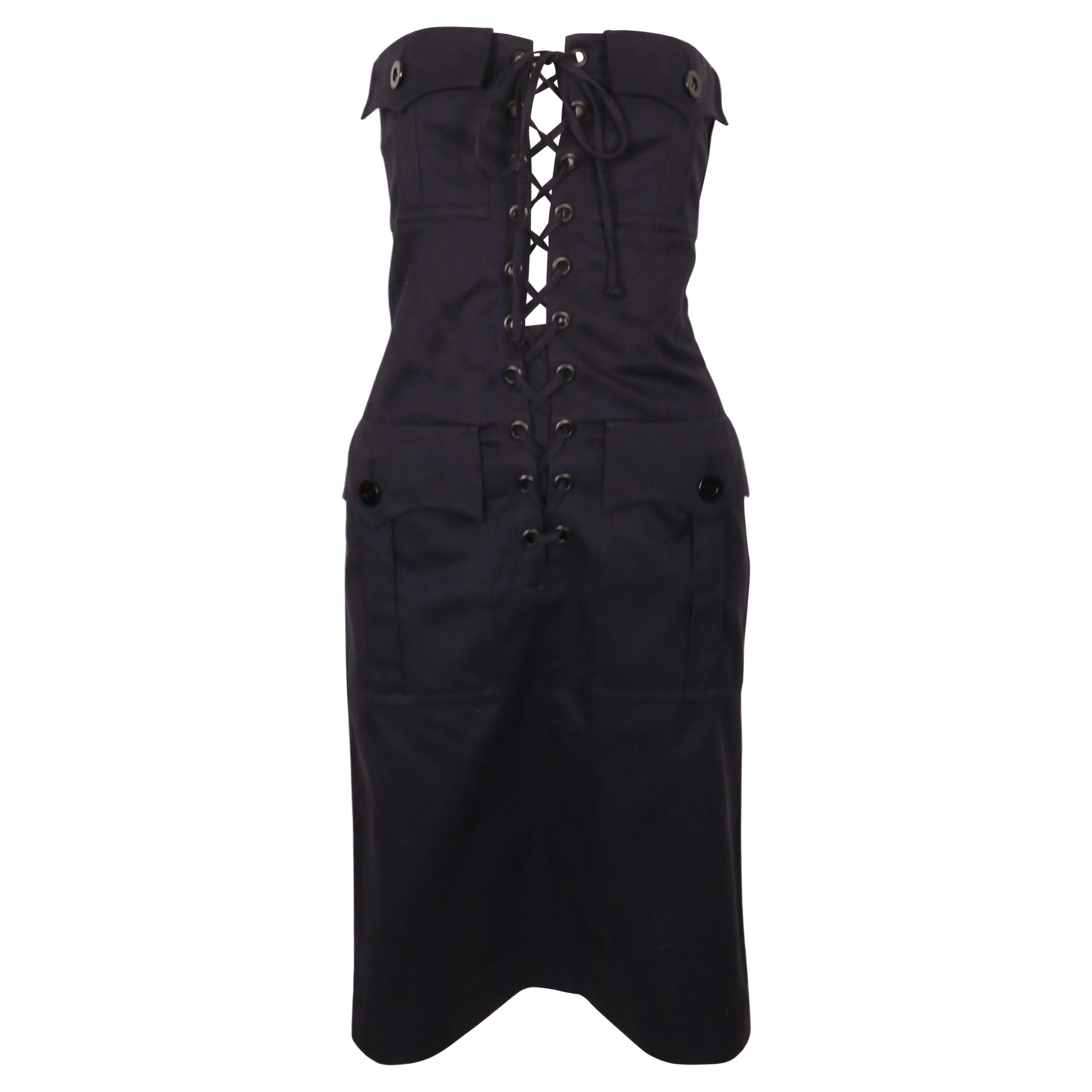 1990 YVES SAINT LAURENT Rive Gauche Vestido safari azul marino sin tirantes