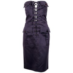 1990's YVES SAINT LAURENT rive gauche navy strapless safari dress