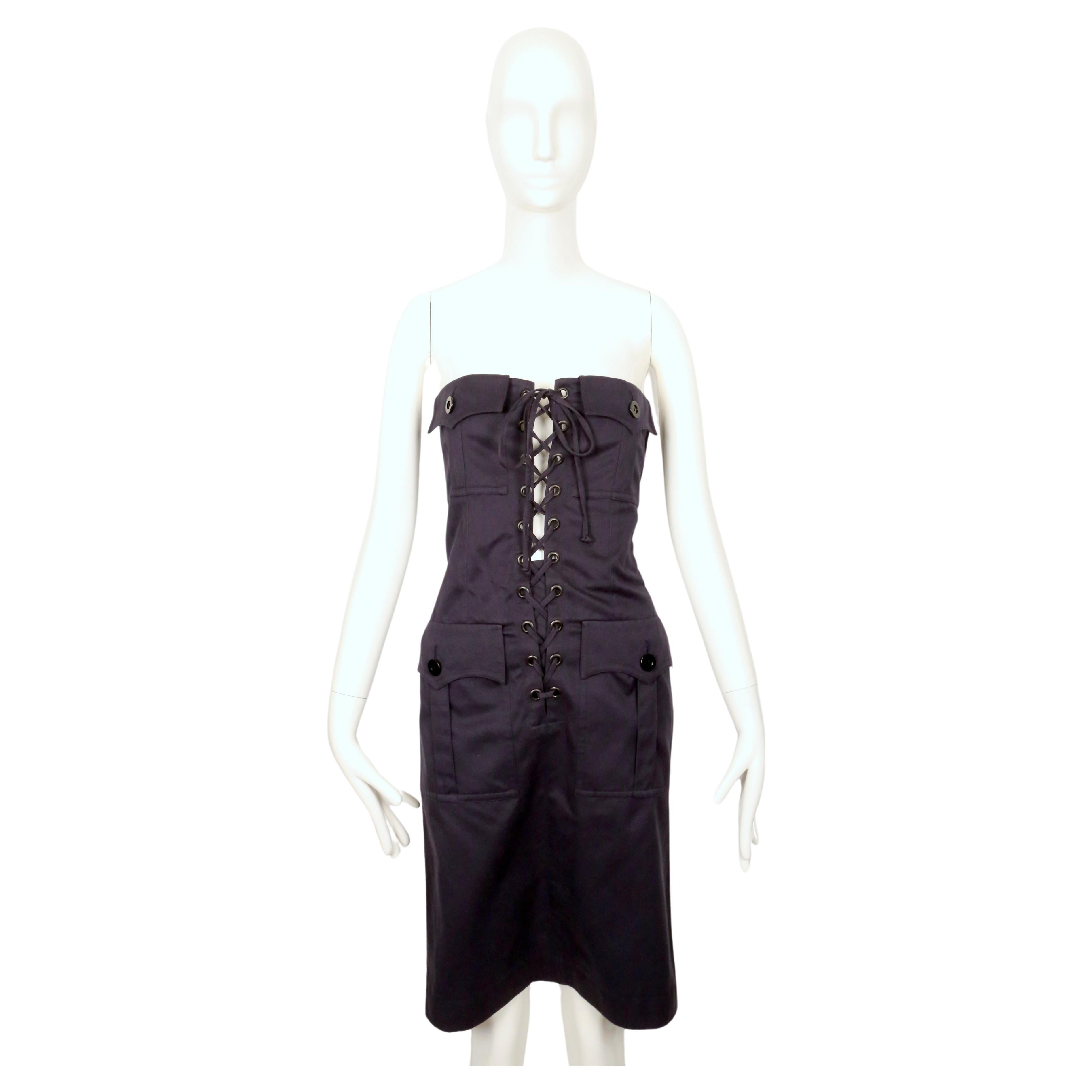 1990's YVES SAINT LAURENT rive gauche navy strapless safari dress For Sale
