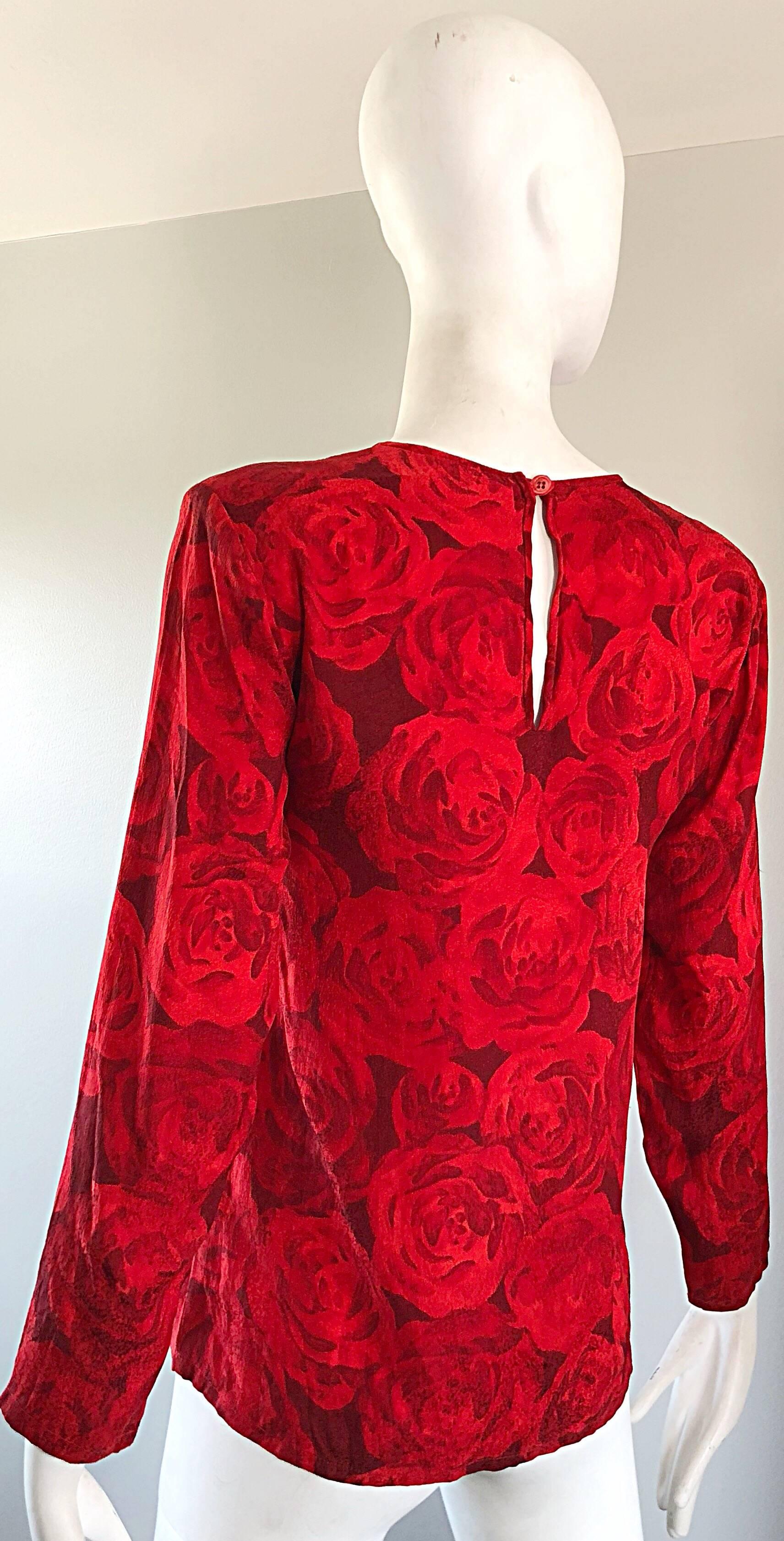 1990s Yves Saint Laurent Rive Gauche Rose Print Red Silk Vintage 90s Blouse Top 3