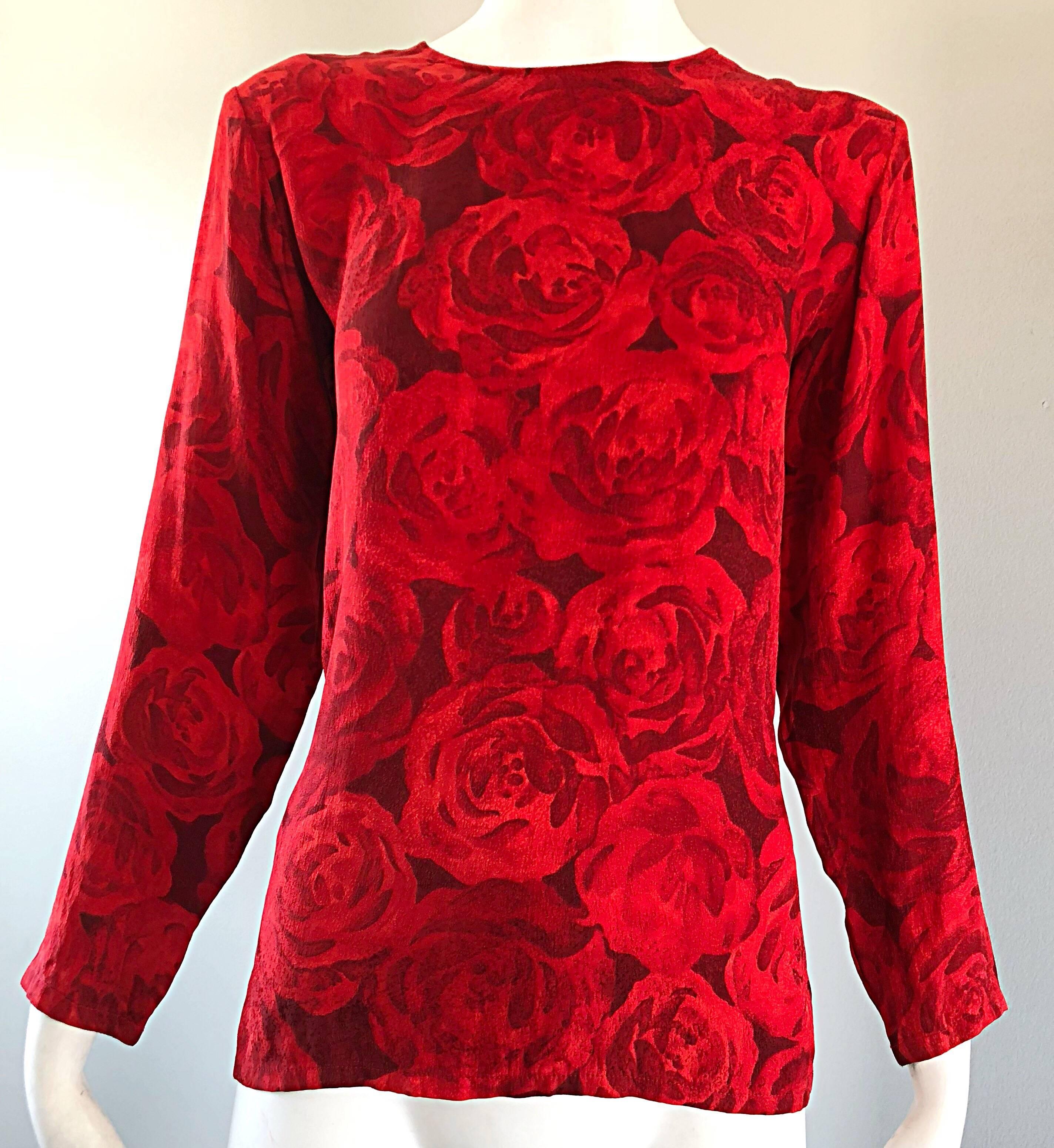 1990s Yves Saint Laurent Rive Gauche Rose Print Red Silk Vintage 90s Blouse Top 4