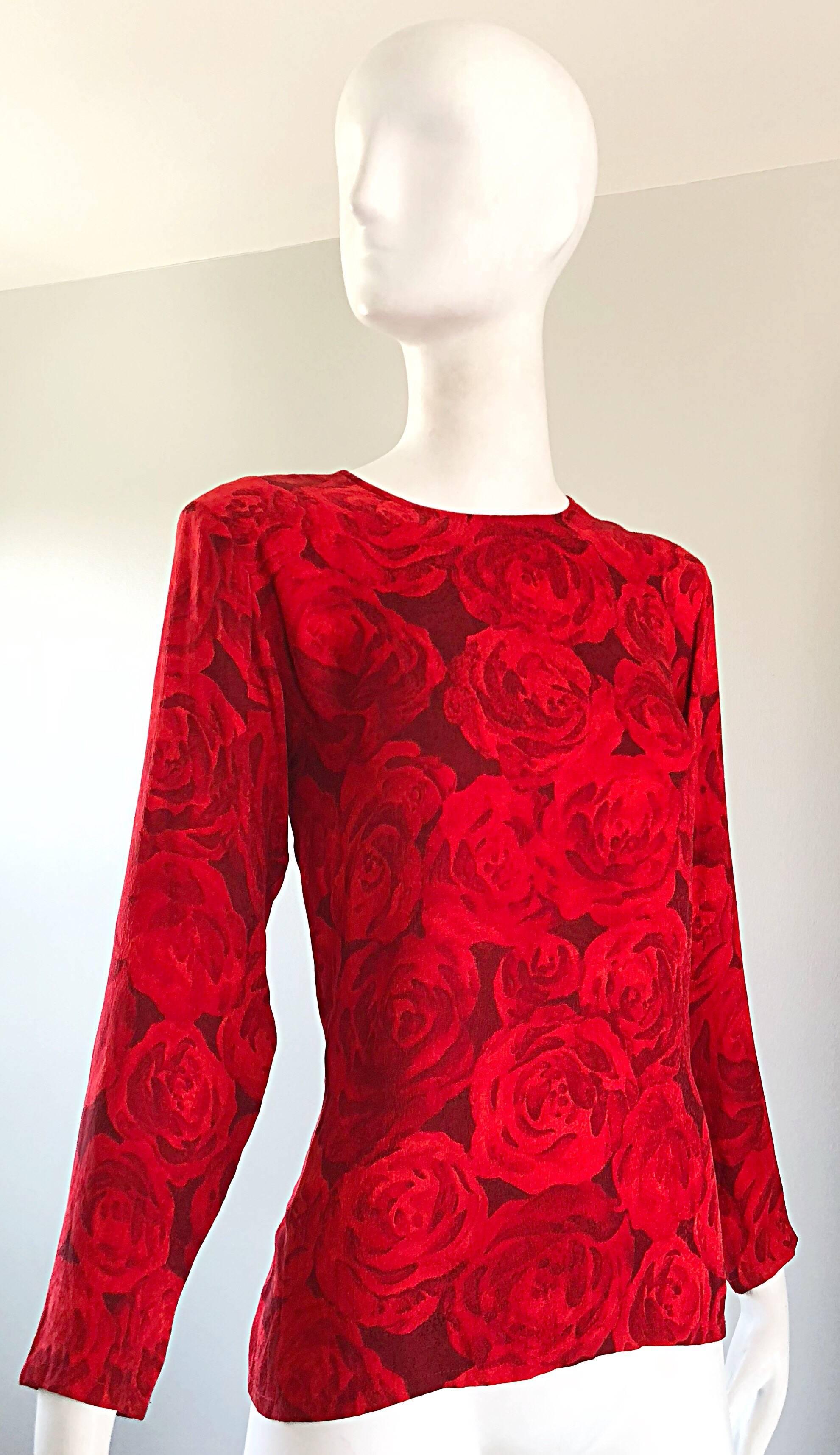 1990s Yves Saint Laurent Rive Gauche Rose Print Red Silk Vintage 90s Blouse Top 5