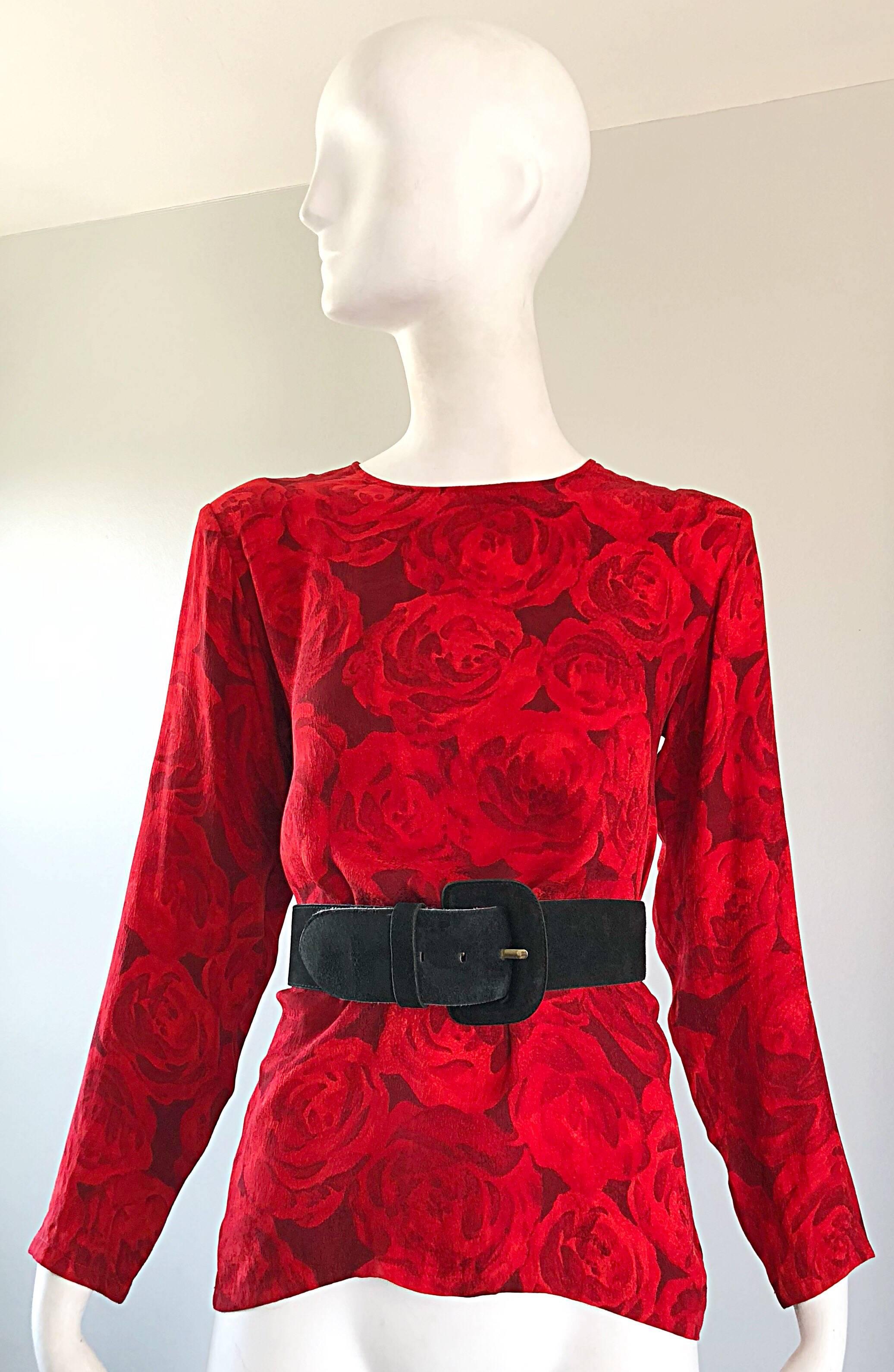 1990s Yves Saint Laurent Rive Gauche Rose Print Red Silk Vintage 90s Blouse Top 6