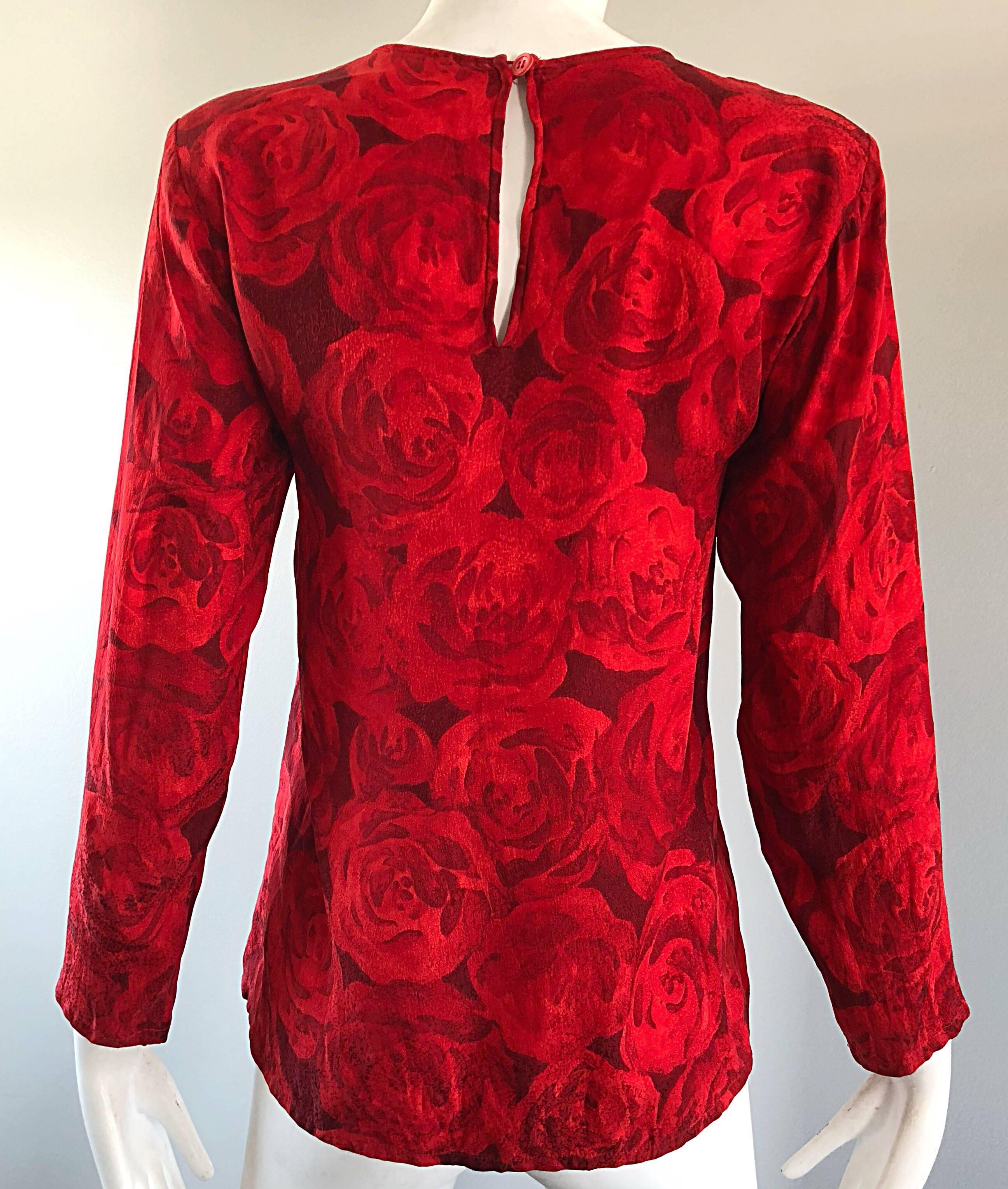 1990s Yves Saint Laurent Rive Gauche Rose Print Red Silk Vintage 90s Blouse Top 7