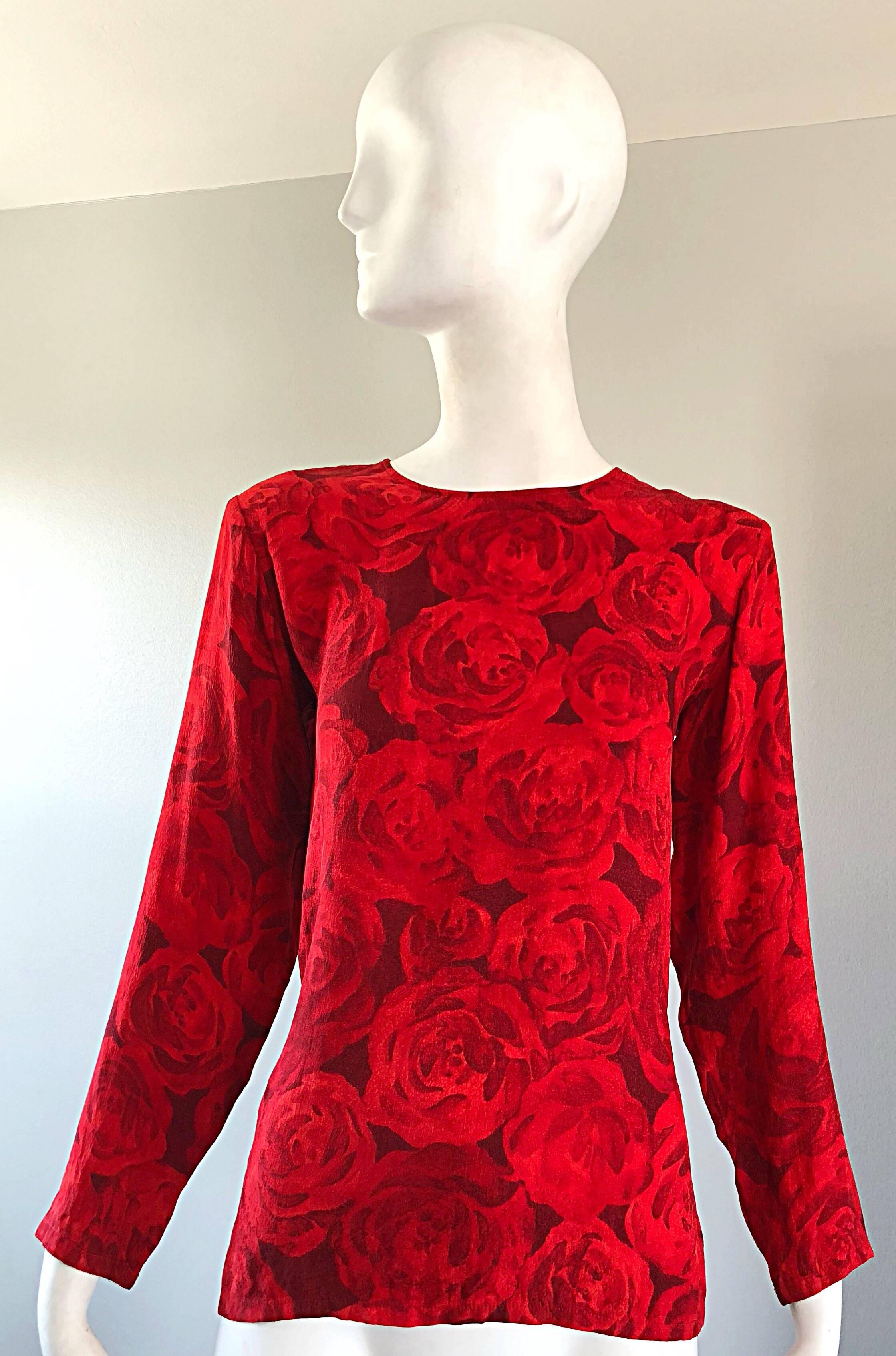 1990s Yves Saint Laurent Rive Gauche Rose Print Red Silk Vintage 90s Blouse Top 8