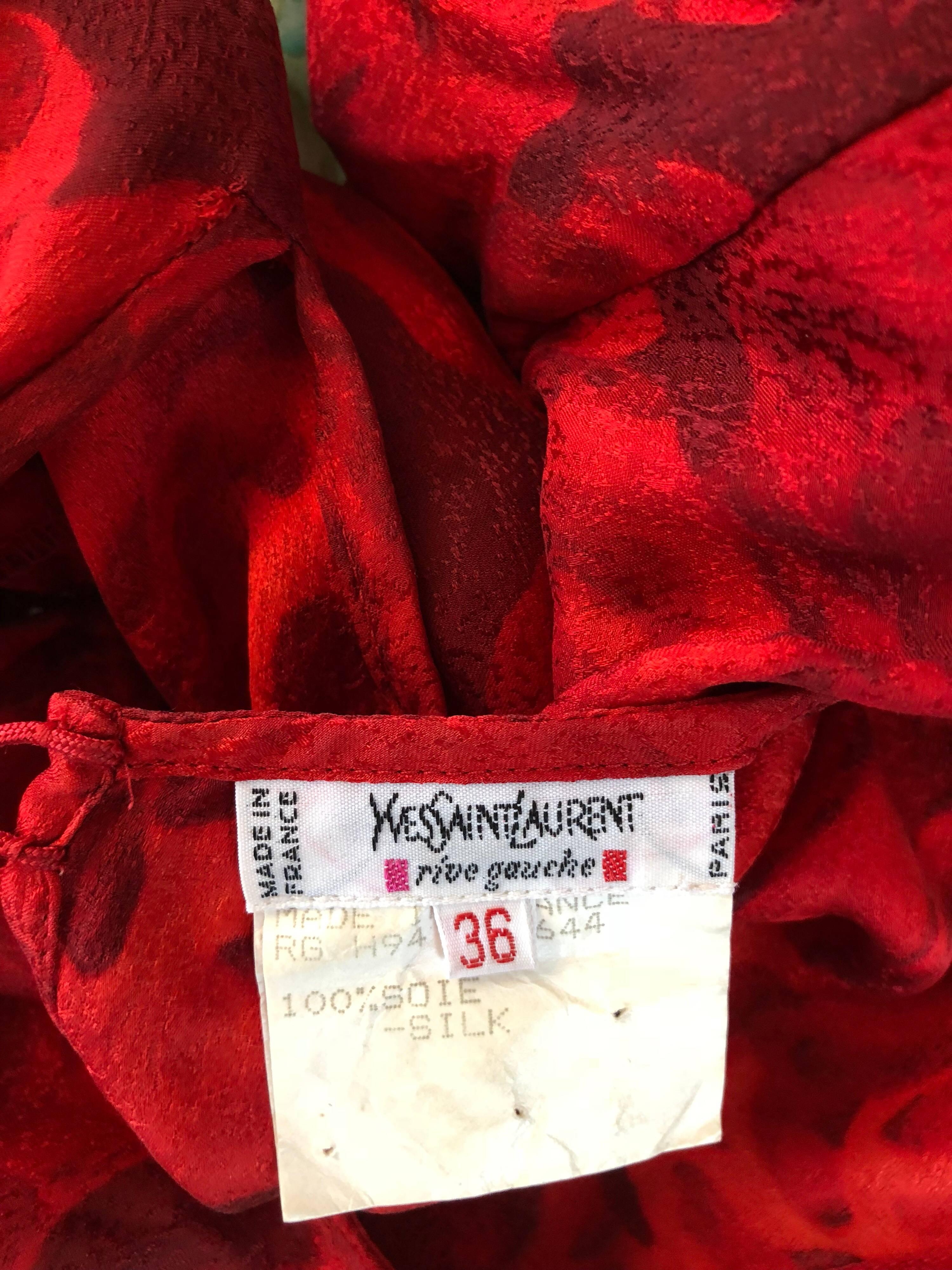 1990s Yves Saint Laurent Rive Gauche Rose Print Red Silk Vintage 90s Blouse Top 9