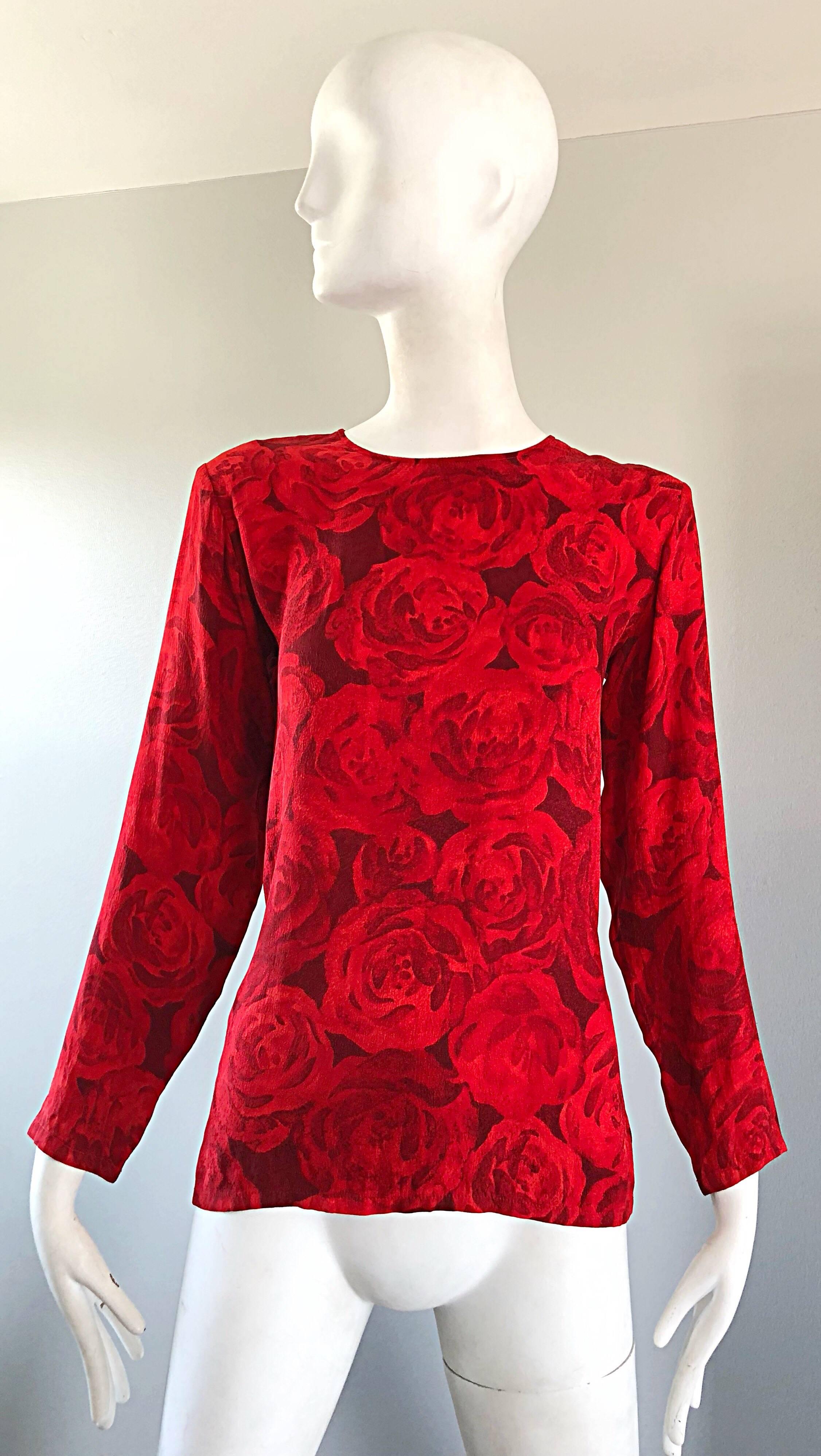 Beautiful 1990s YSL YVES SAINT LAURENT 'Rive Gauche' lipstick red rose print long sleeve silk blouse! Features a gorgeous rose print with a wonderfully tailore fit. Simply slips over the head with a single button closure at top back neck. Can easily