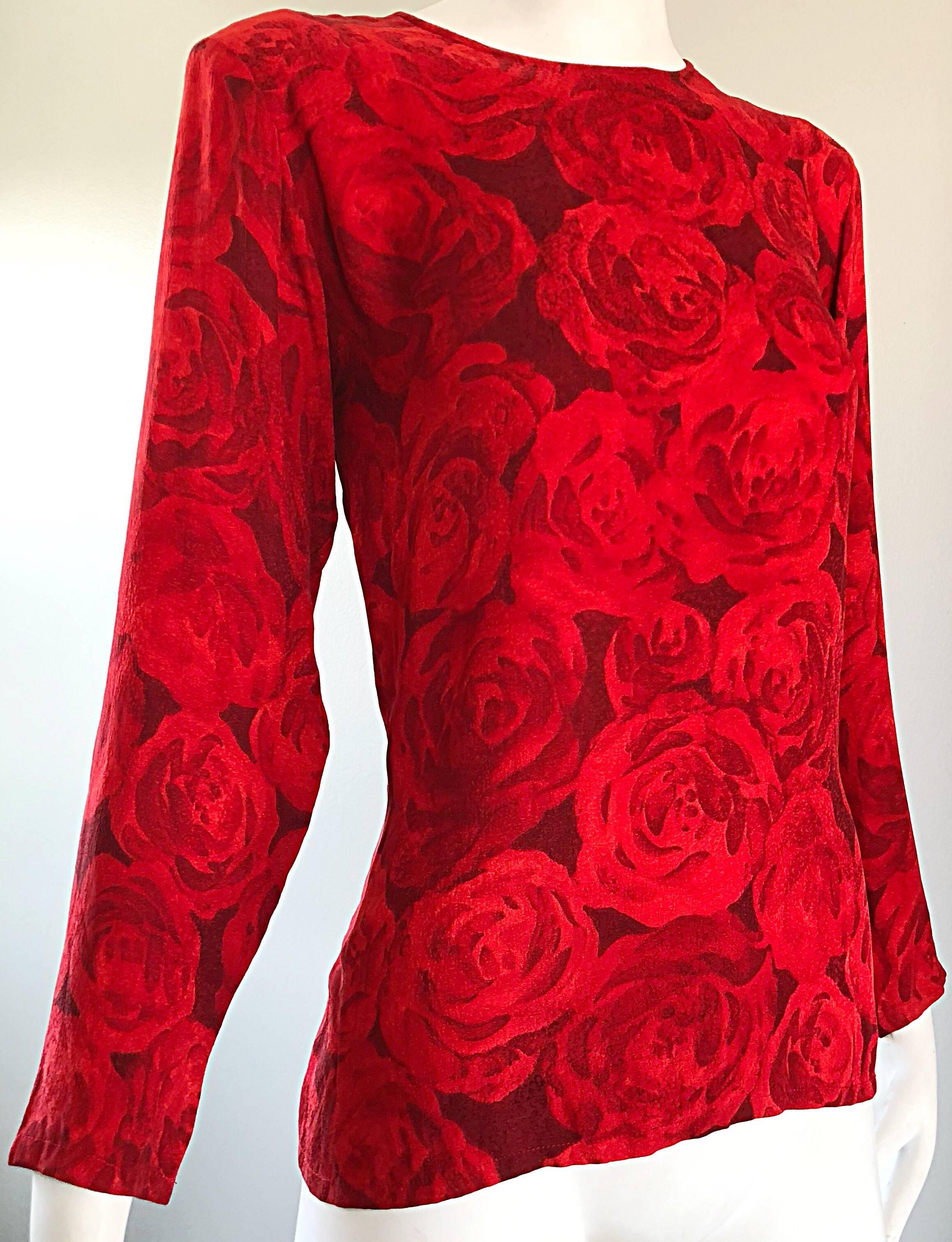 1990s Yves Saint Laurent Rive Gauche Rose Print Red Silk Vintage 90s Blouse Top In Excellent Condition In San Diego, CA