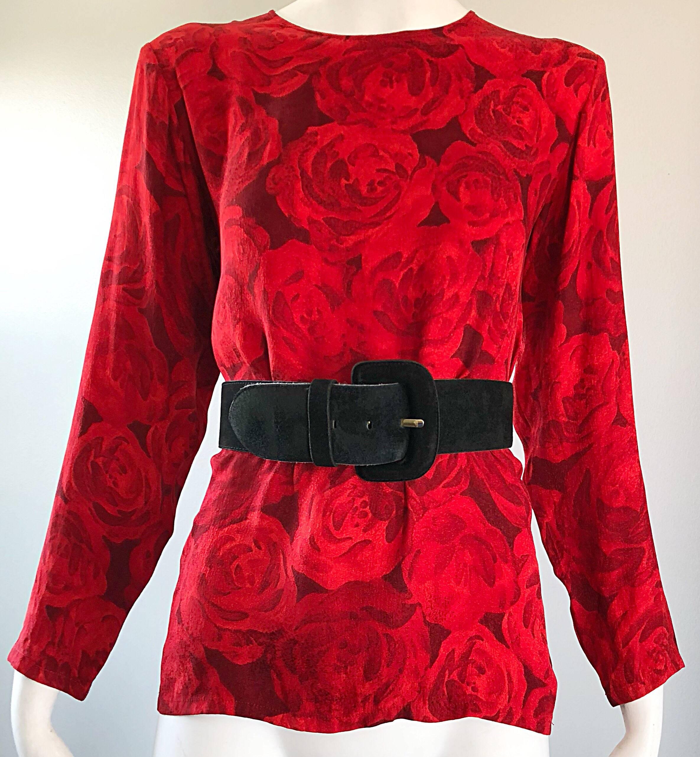 Women's 1990s Yves Saint Laurent Rive Gauche Rose Print Red Silk Vintage 90s Blouse Top