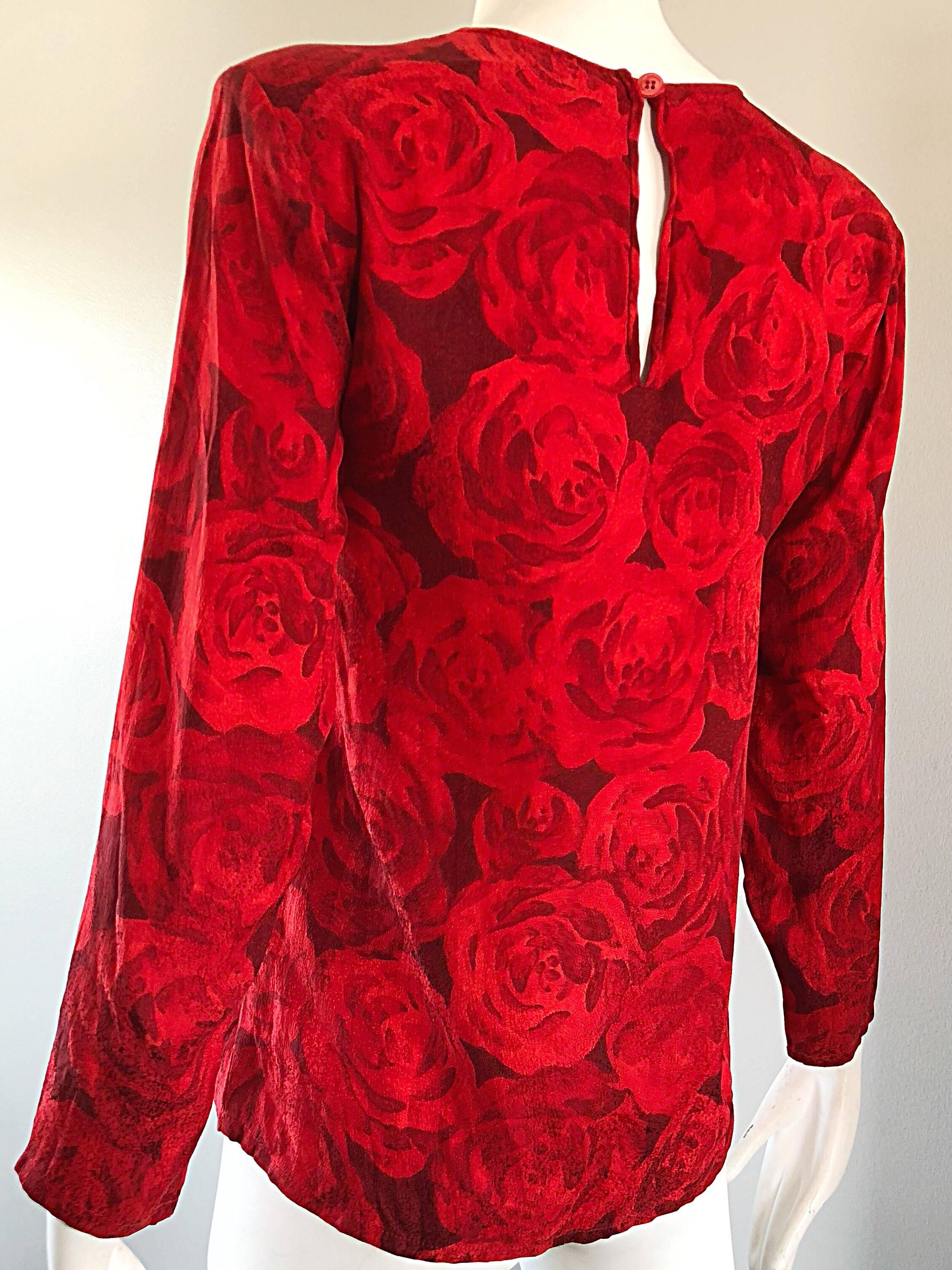 1990s Yves Saint Laurent Rive Gauche Rose Print Red Silk Vintage 90s Blouse Top 1