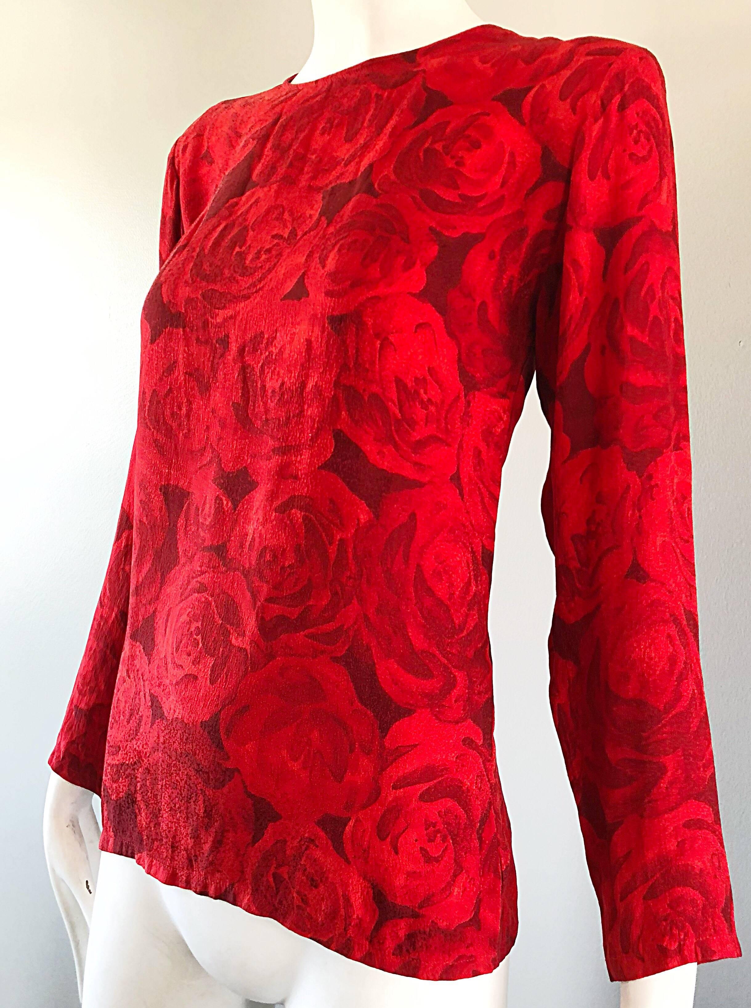 1990s Yves Saint Laurent Rive Gauche Rose Print Red Silk Vintage 90s Blouse Top 2