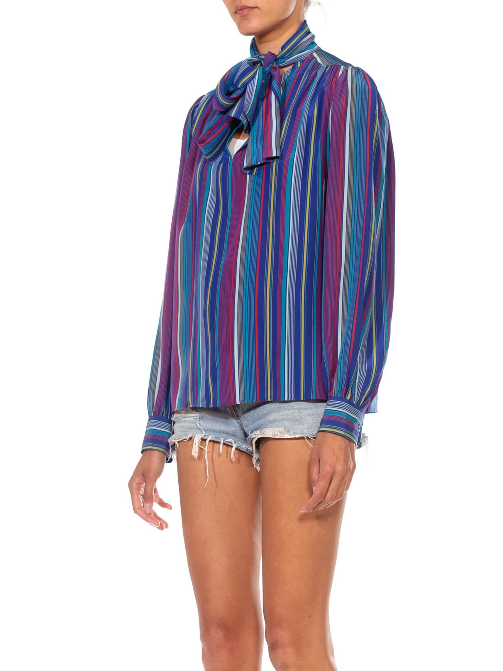 Women's 1990S YVES SAINT LAURENT RIVE GUACHE Blue & Red Silk Striped Pussybow Blouse