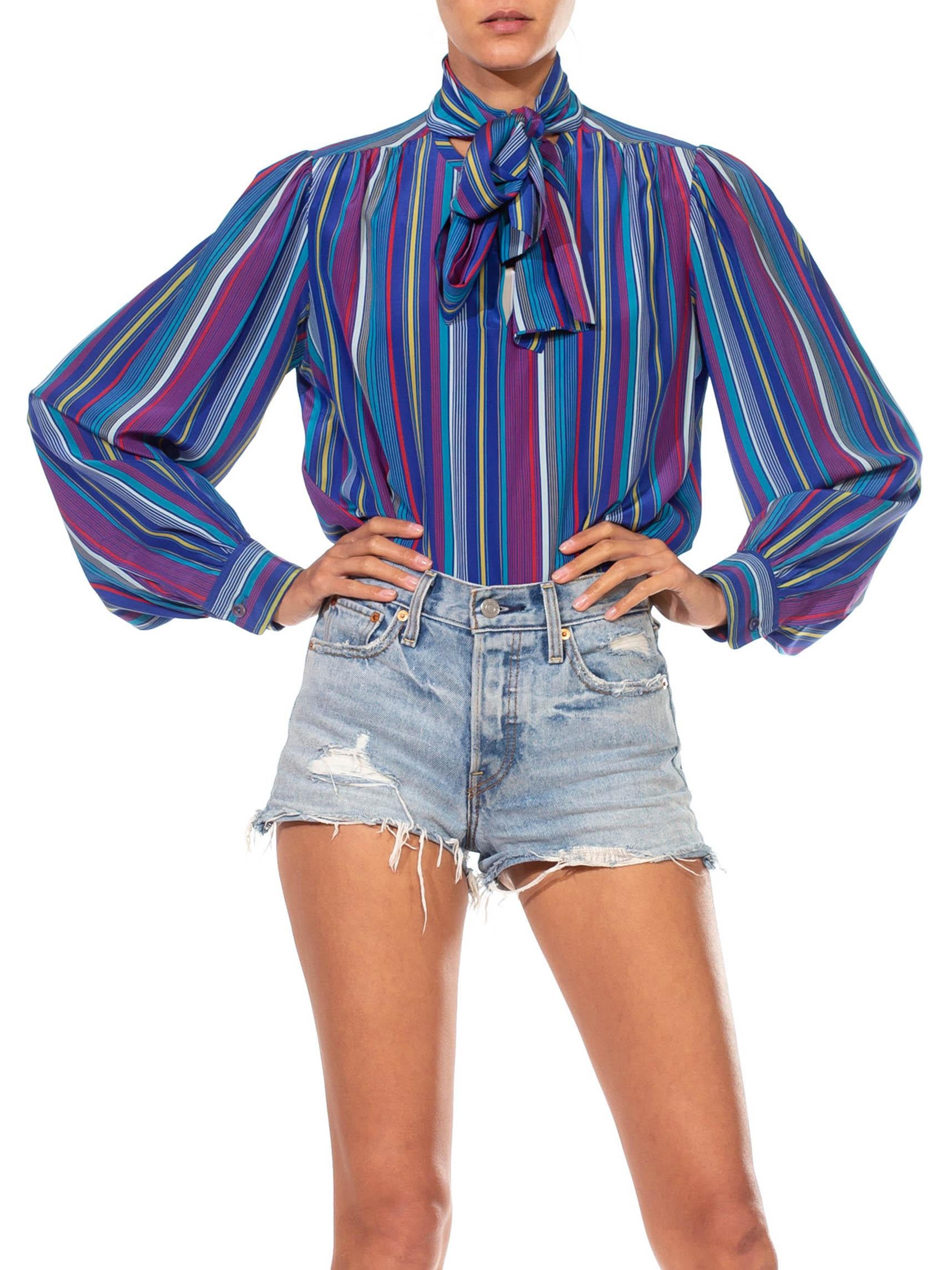 1990S YVES SAINT LAURENT RIVE GUACHE Blue & Red Silk Striped Pussybow Blouse 1
