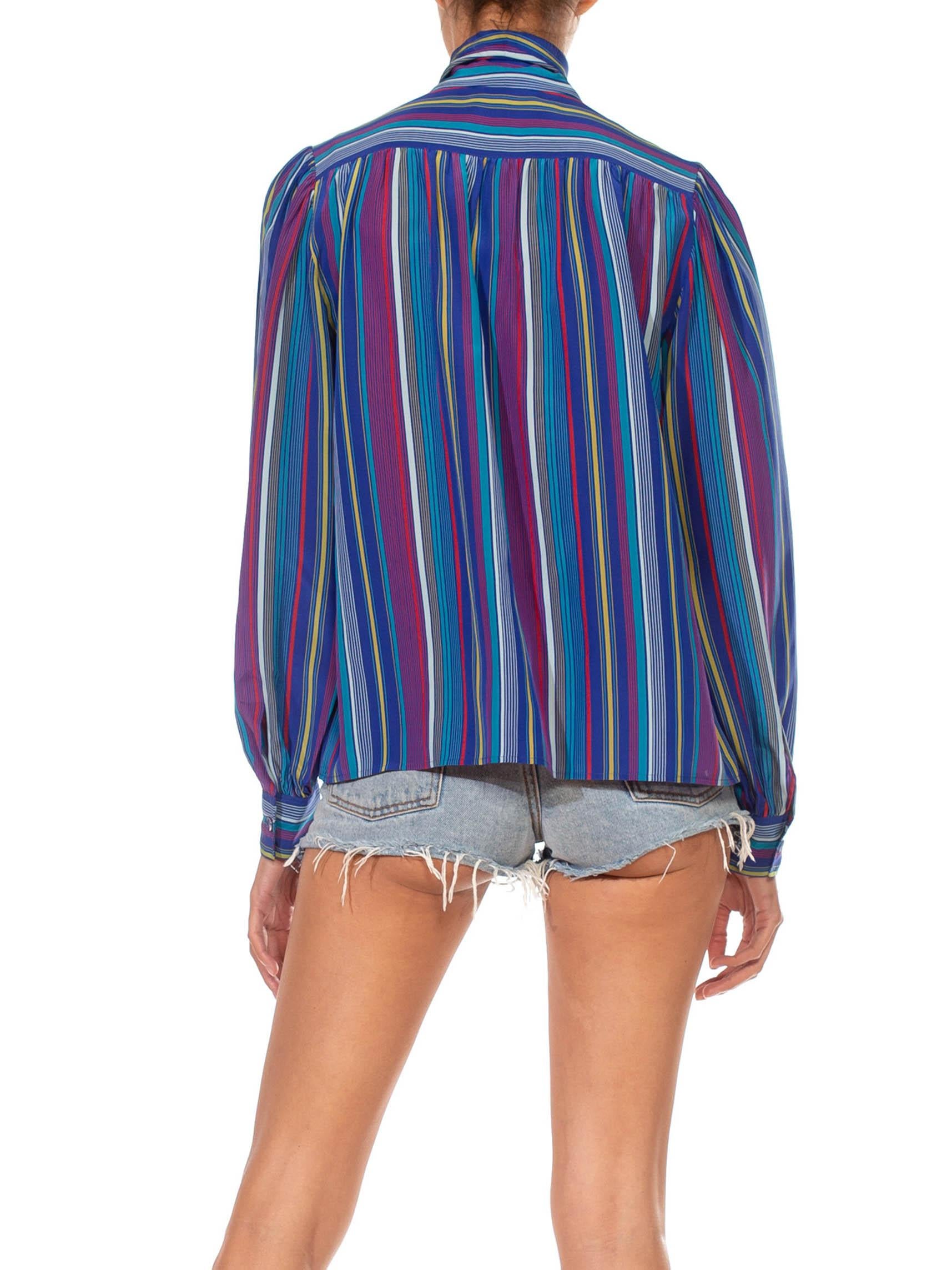 1990S YVES SAINT LAURENT RIVE GUACHE Blue & Red Silk Striped Pussybow Blouse 2