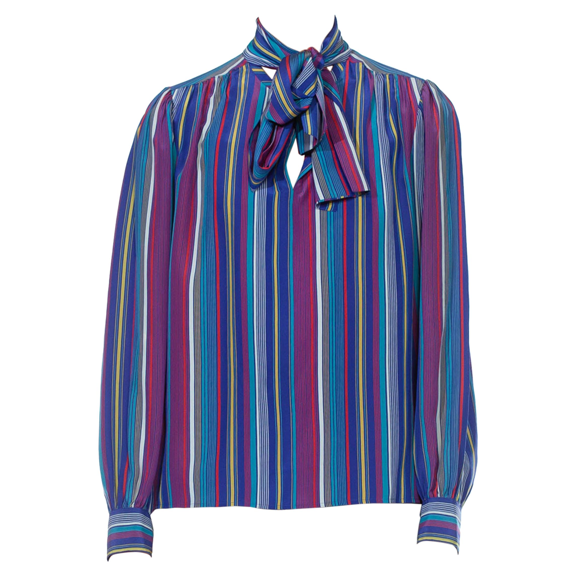 1990S YVES SAINT LAURENT RIVE GUACHE Blue & Red Silk Striped Pussybow Blouse