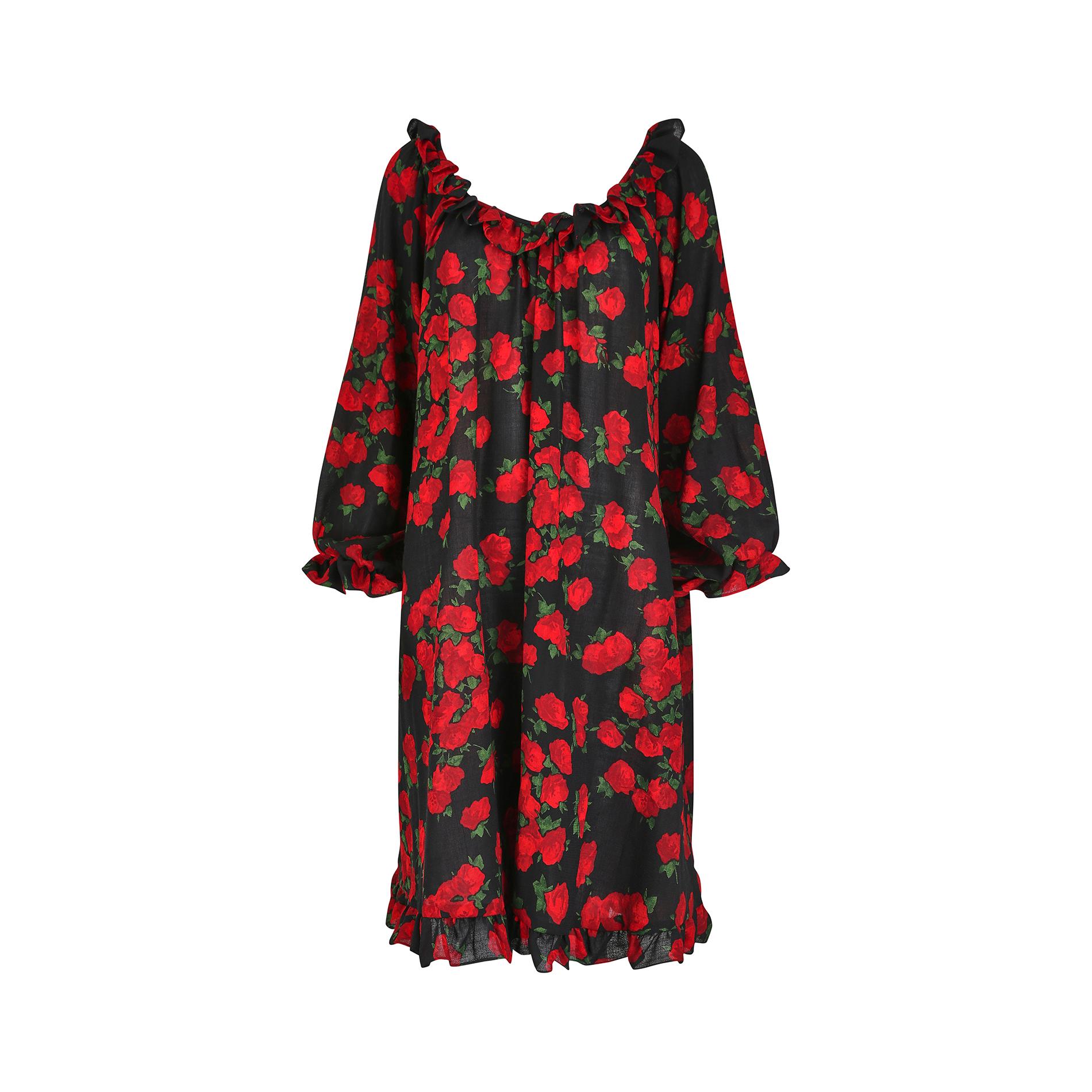 Yves Saint Laurent rose print dress from the Autumn/Winter 1994/95 collection. Made in France, and with the 'Rive Gauche' ready to wear label, it features a wide ruffled neckline, which can sit both on and off the shoulder for a romantic, almost