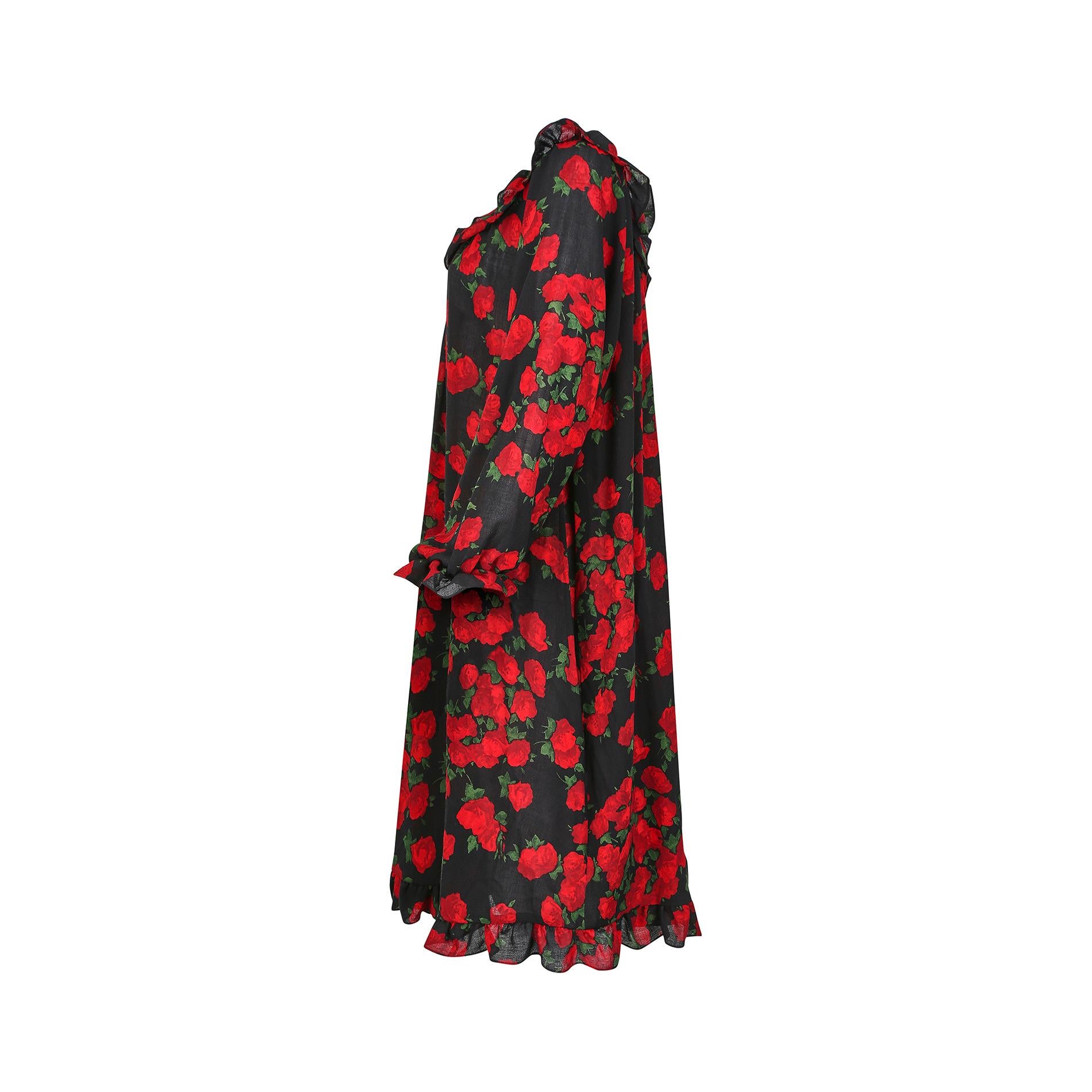 Black 1994 Yves Saint Laurent Rose Print Wool Dress For Sale