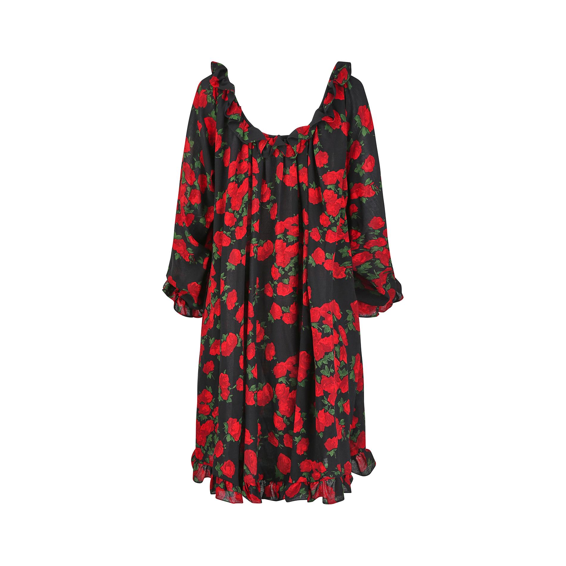 1994 Yves Saint Laurent Rose Print Wool Dress In Excellent Condition For Sale In London, GB