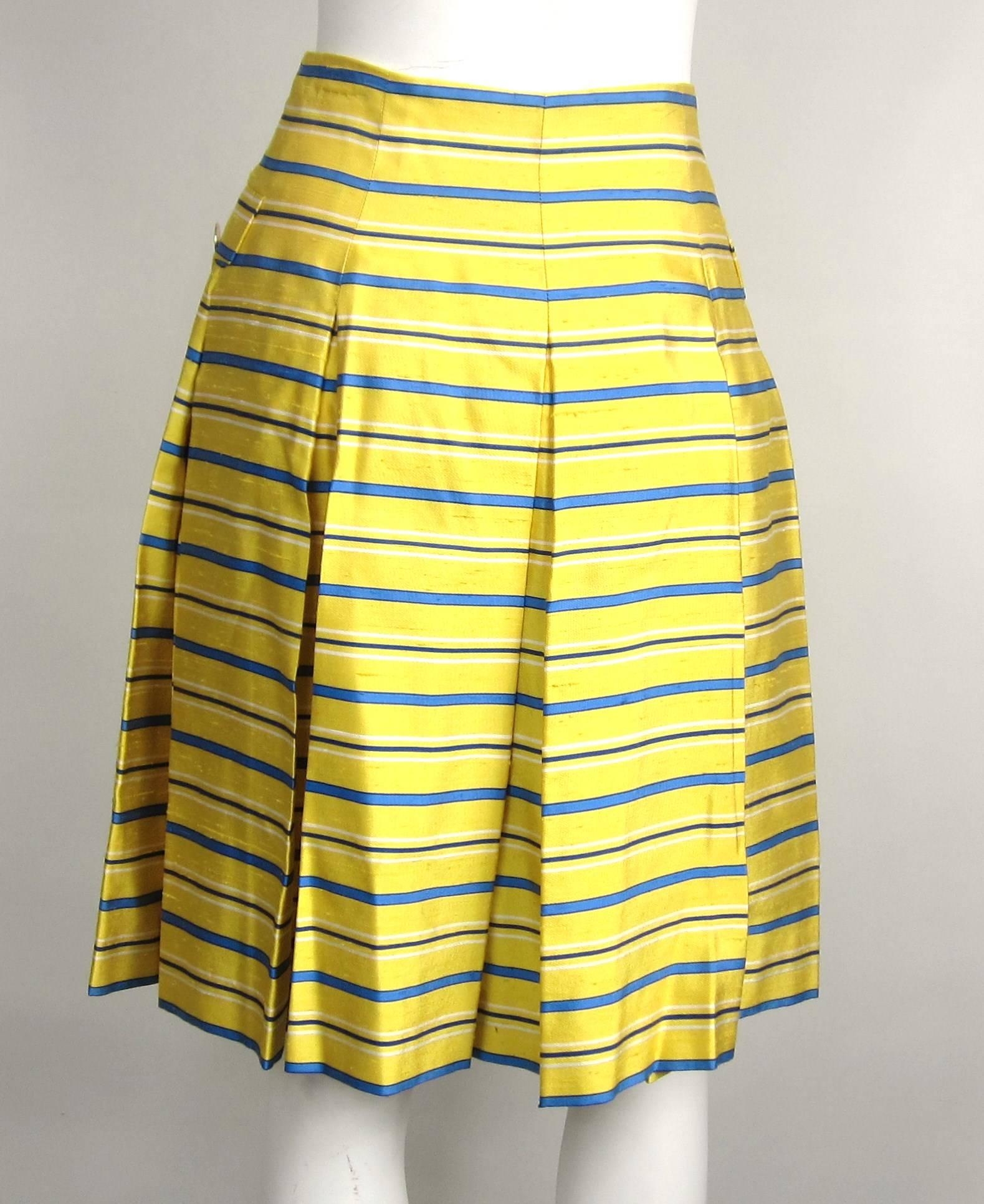 Yellow 1990s Yves Saint Laurent Silk Dupioni Pleated Skirt size 34  For Sale