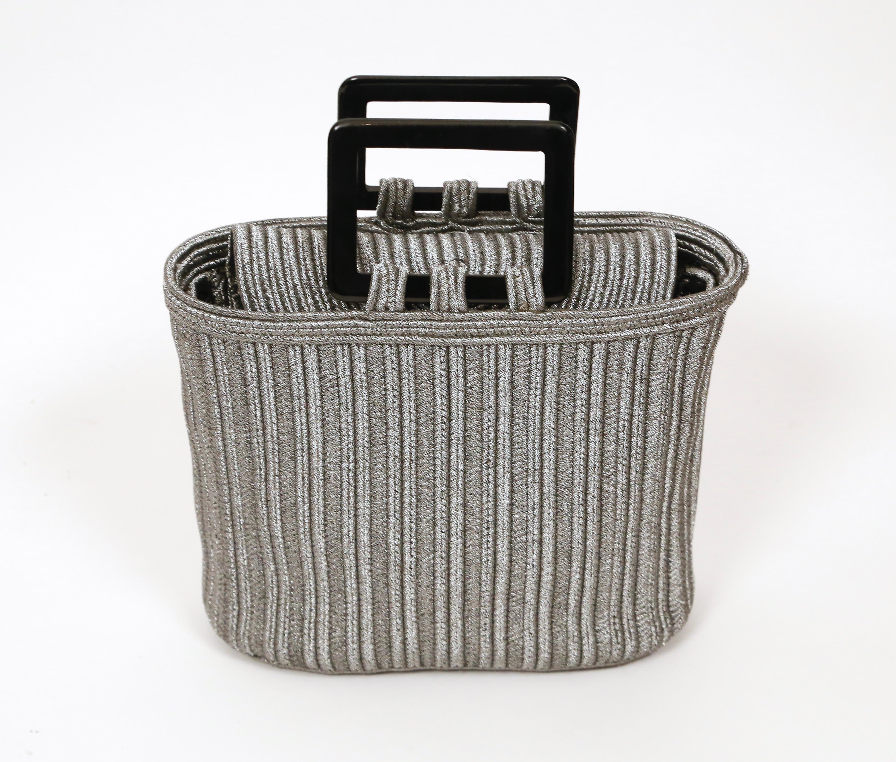 Amazing, deep silver-gray woven passementerie bag with black handle from Yves Saint Laurent rive gauche dating to the 1990's.  Approximate measurements: 9.5