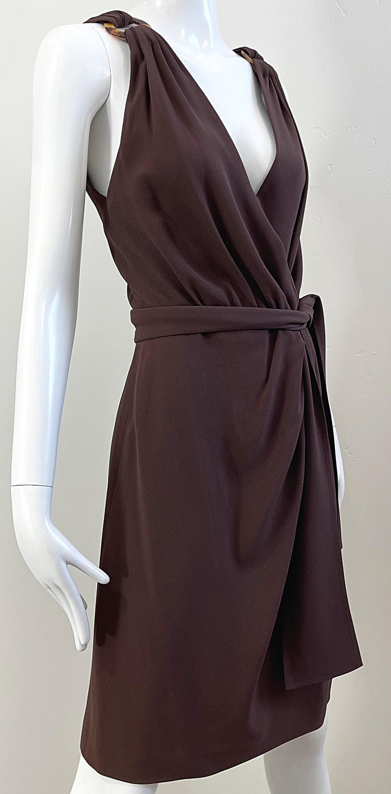 1990s Yves Saint Laurent Size 40 6 / 8 Brown Plunging Vintage 90s YSL Dress 1990s Yves Saint Laurent Size 40 6 / 8 Brown Plunging Vintage 90s YSL Dress