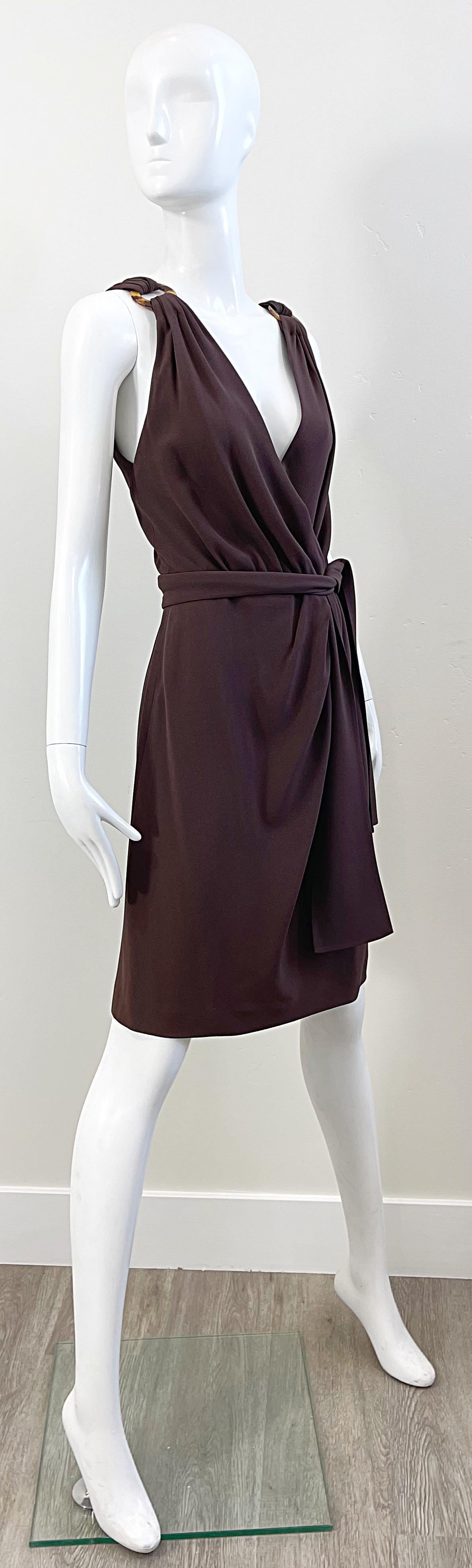 1990s Yves Saint Laurent Size 40 6 / 8 Brown Plunging Vintage 90s YSL Dress For Sale 6