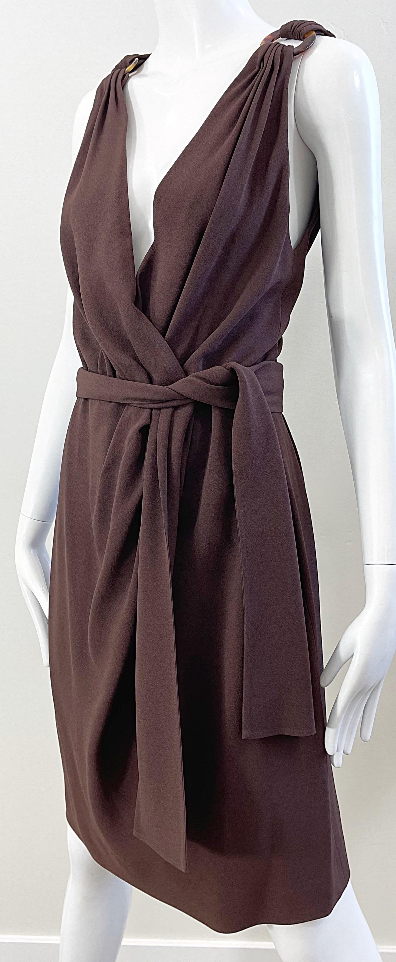 1990s Yves Saint Laurent Size 40 6 / 8 Brown Plunging Vintage 90s YSL Dress 7