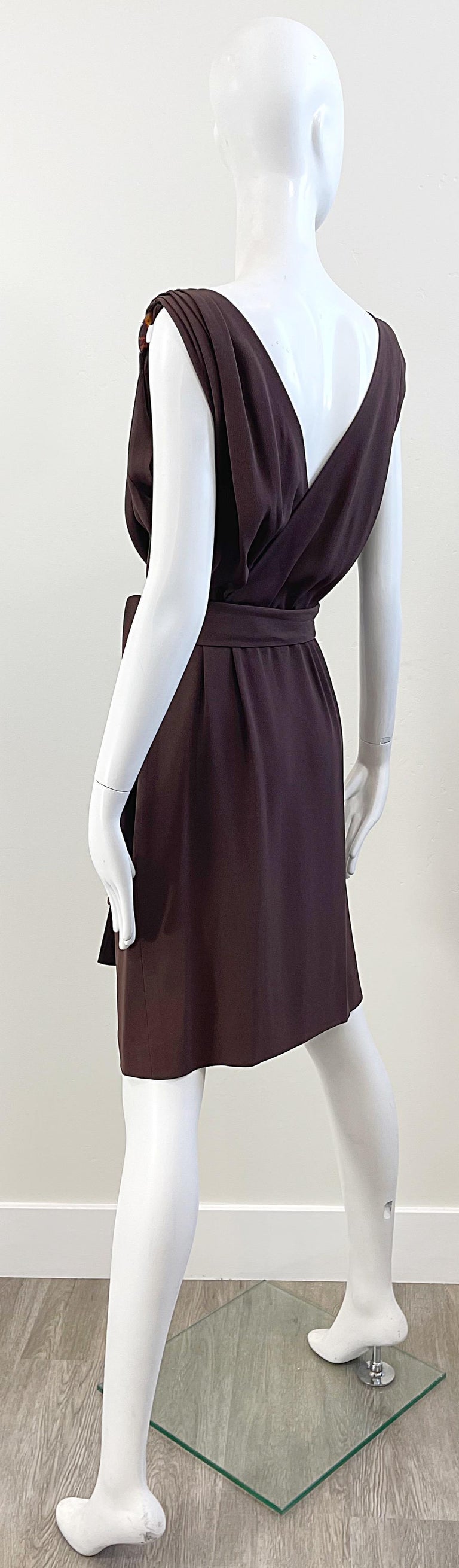 1990s Yves Saint Laurent Size 40 6 / 8 Brown Plunging Vintage 90s YSL Dress