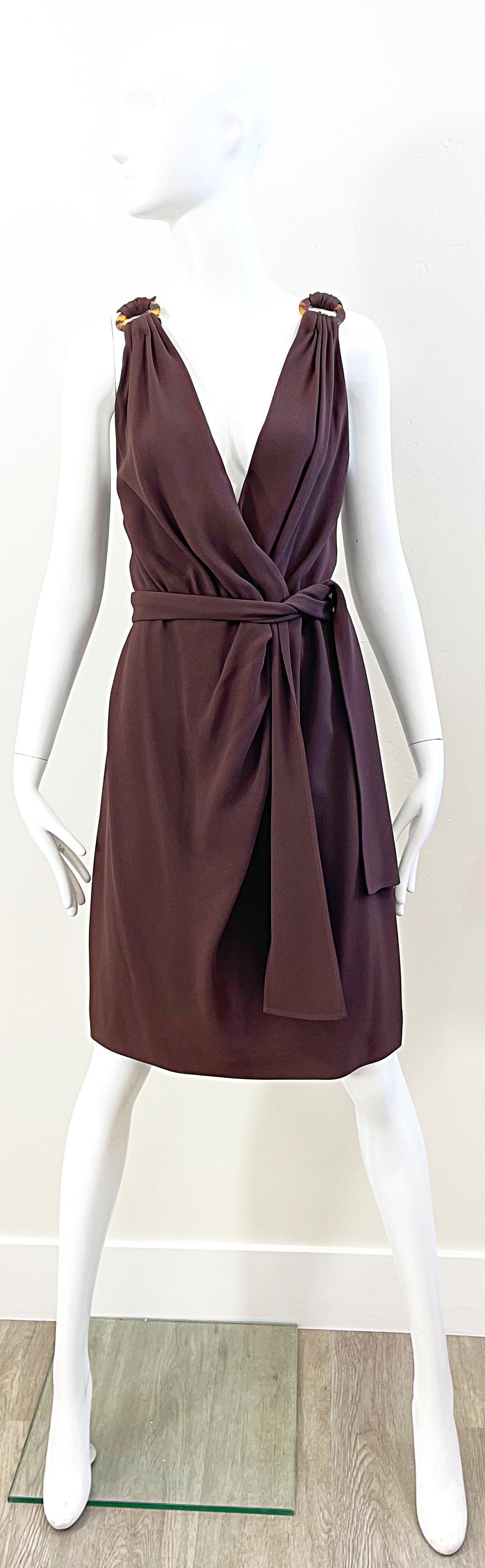 1990s Yves Saint Laurent Size 40 6 / 8 Brown Plunging Vintage 90s YSL Dress For Sale 9