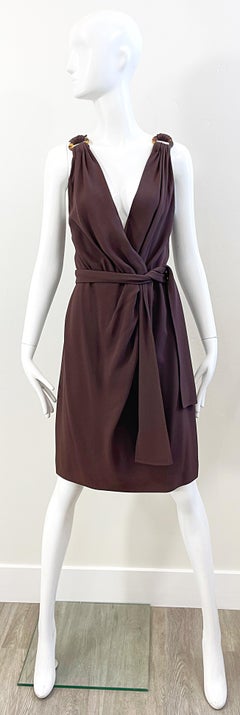 1990s Yves Saint Laurent Size 40 6 / 8 Brown Plunging Vintage 90s YSL Dress