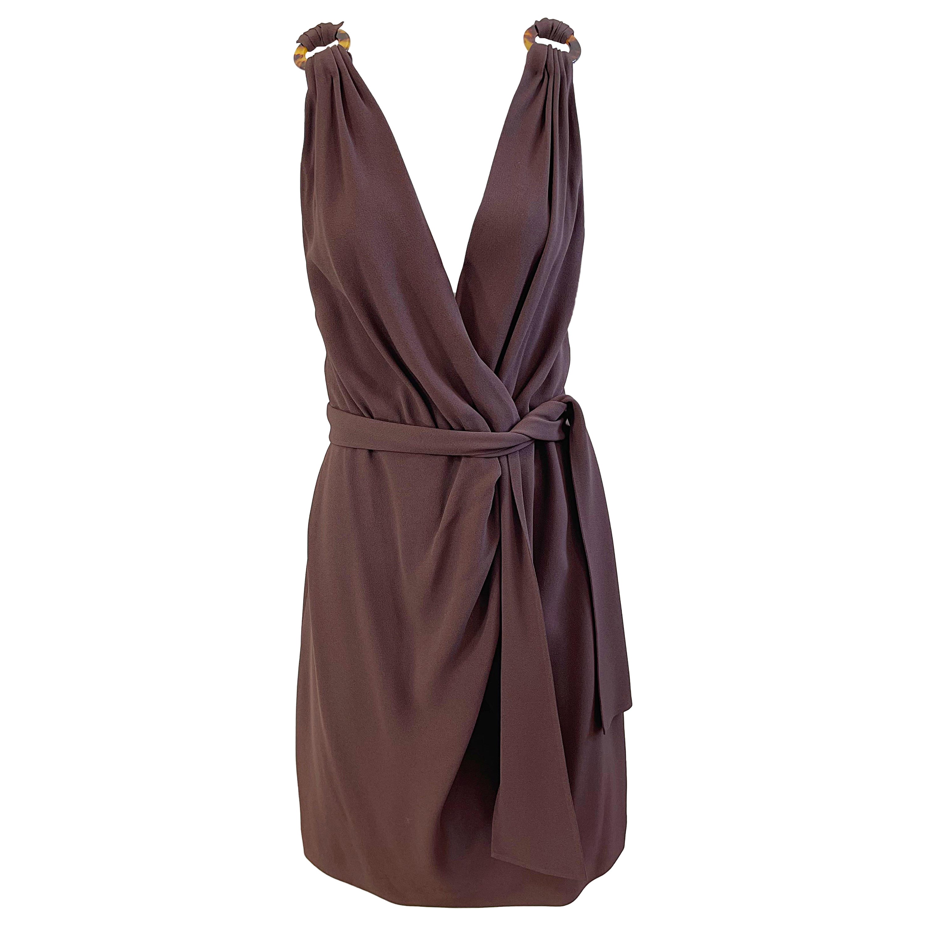 Yves Saint Laurent anni '90 Taglia 40 6 / 8 Abito marrone scollato Vintage 90s YSL
