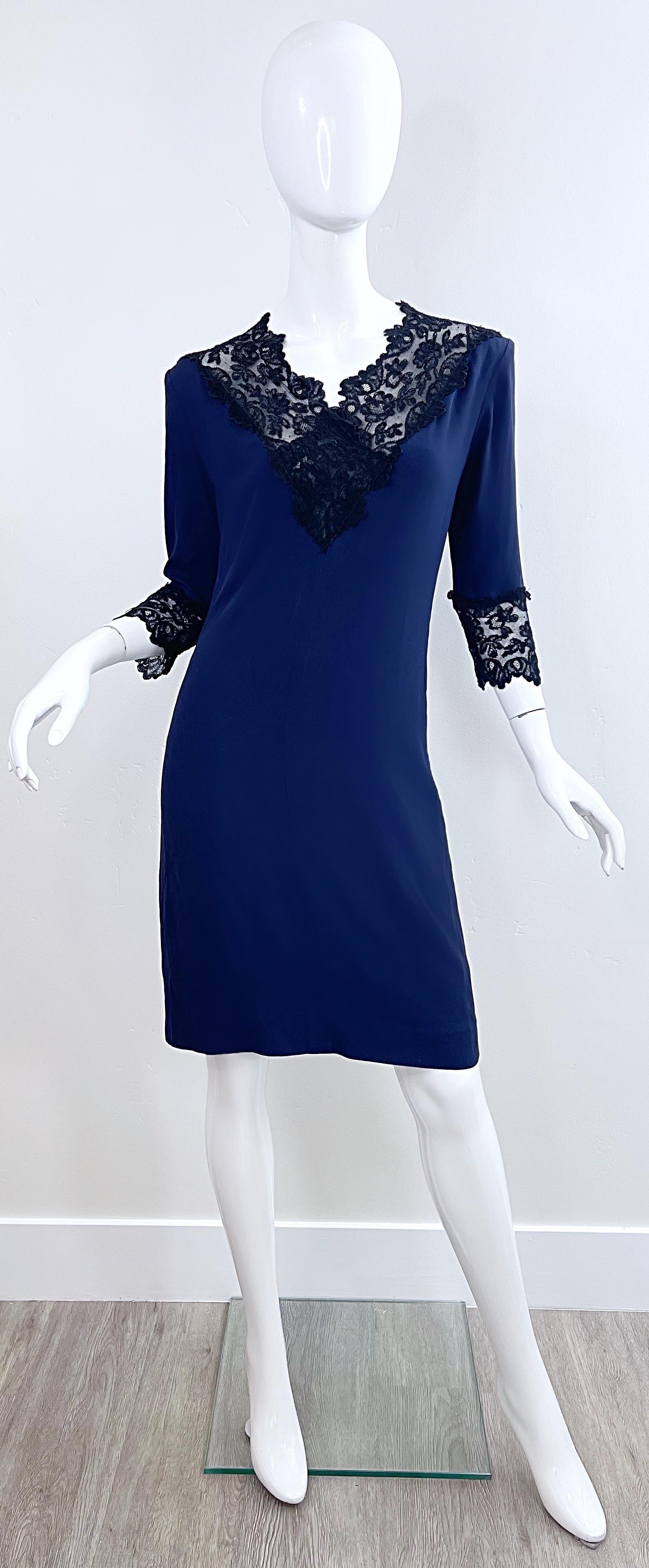 1990s Yves Saint Laurent Size 40 / US 6 - 8 Navy Blue Black Silk Lace 90s Dress For Sale 2