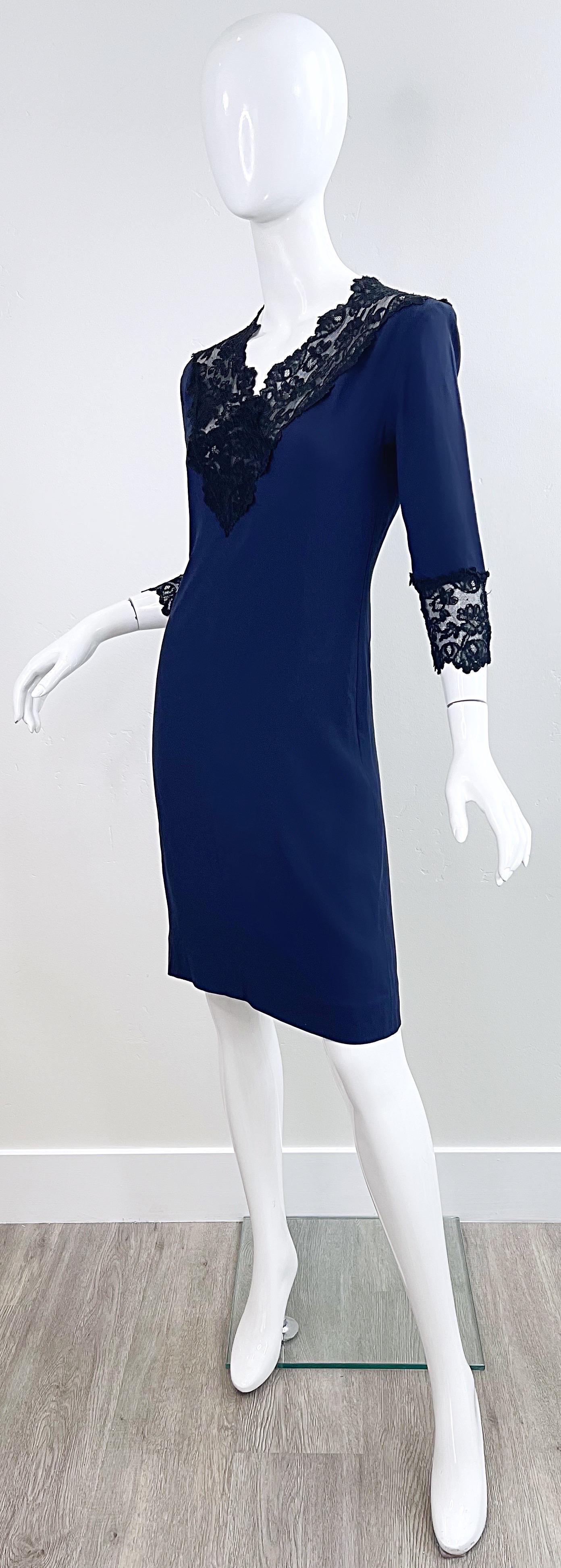 1990s Yves Saint Laurent Size 40 / US 6 - 8 Navy Blue Black Silk Lace 90s Dress For Sale 3