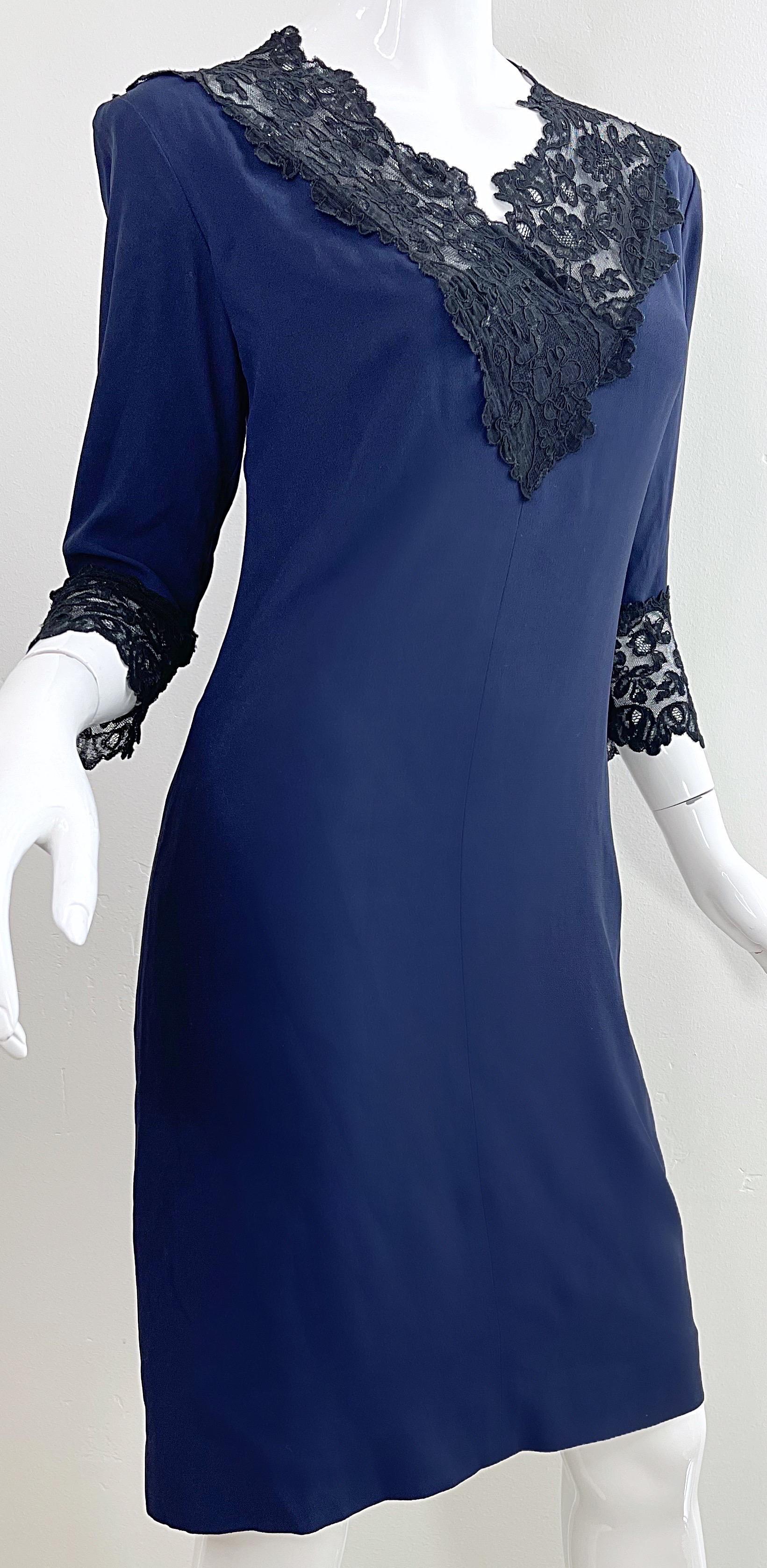 1990s Yves Saint Laurent Size 40 / US 6 - 8 Navy Blue Black Silk Lace 90s Dress For Sale 4