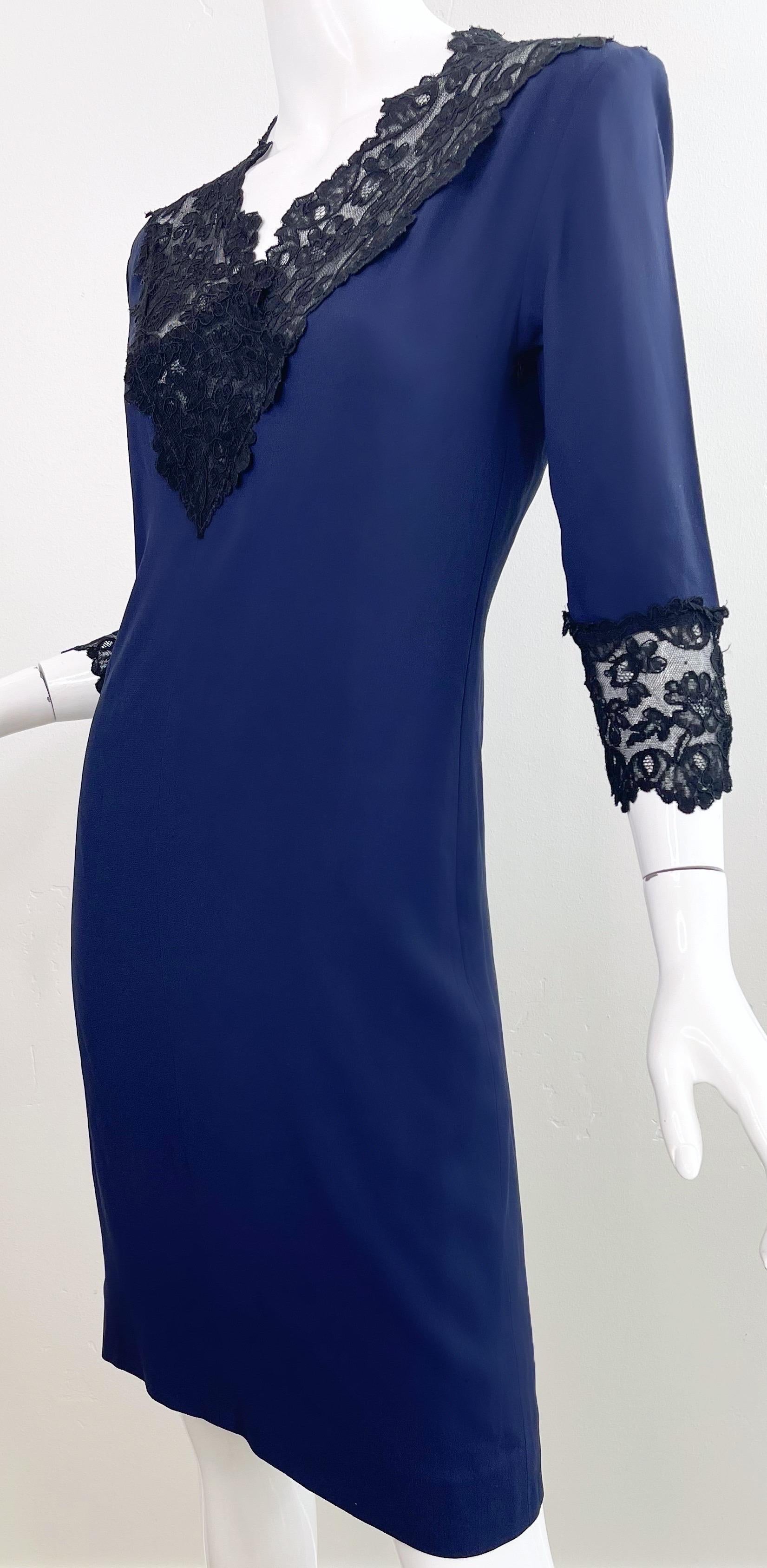 1990s Yves Saint Laurent Size 40 / US 6 - 8 Navy Blue Black Silk Lace 90s Dress For Sale 6