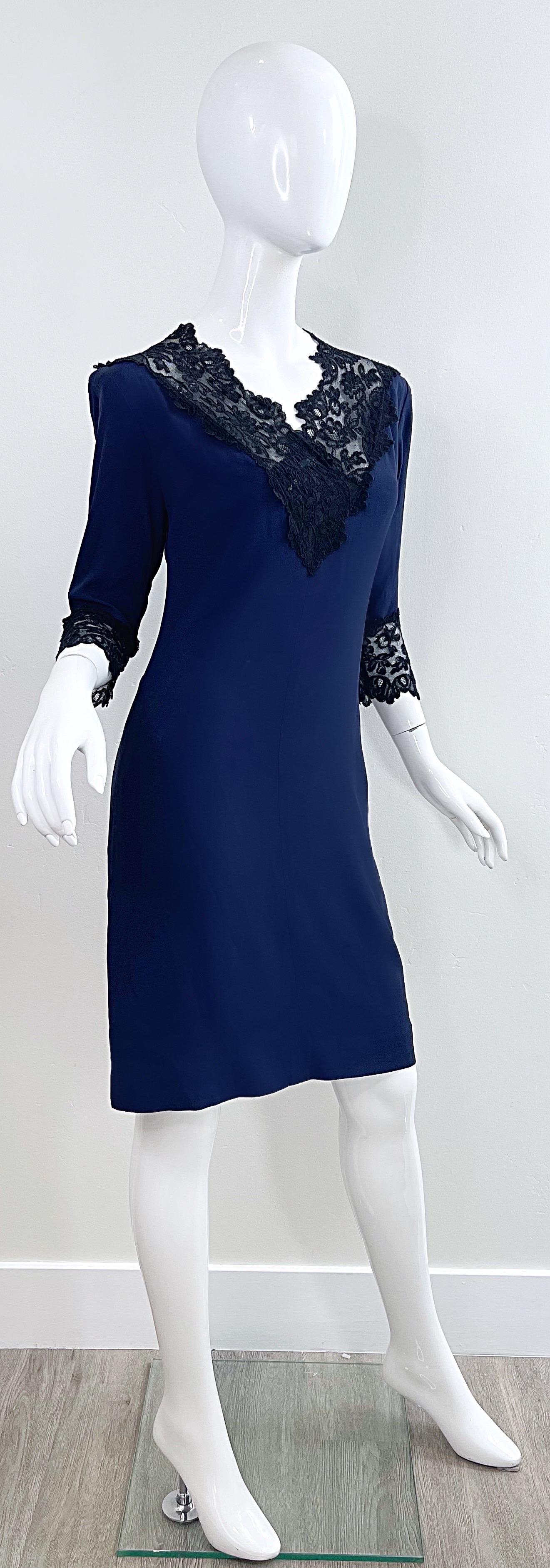 Purple 1990s Yves Saint Laurent Size 40 / US 6 - 8 Navy Blue Black Silk Lace 90s Dress For Sale