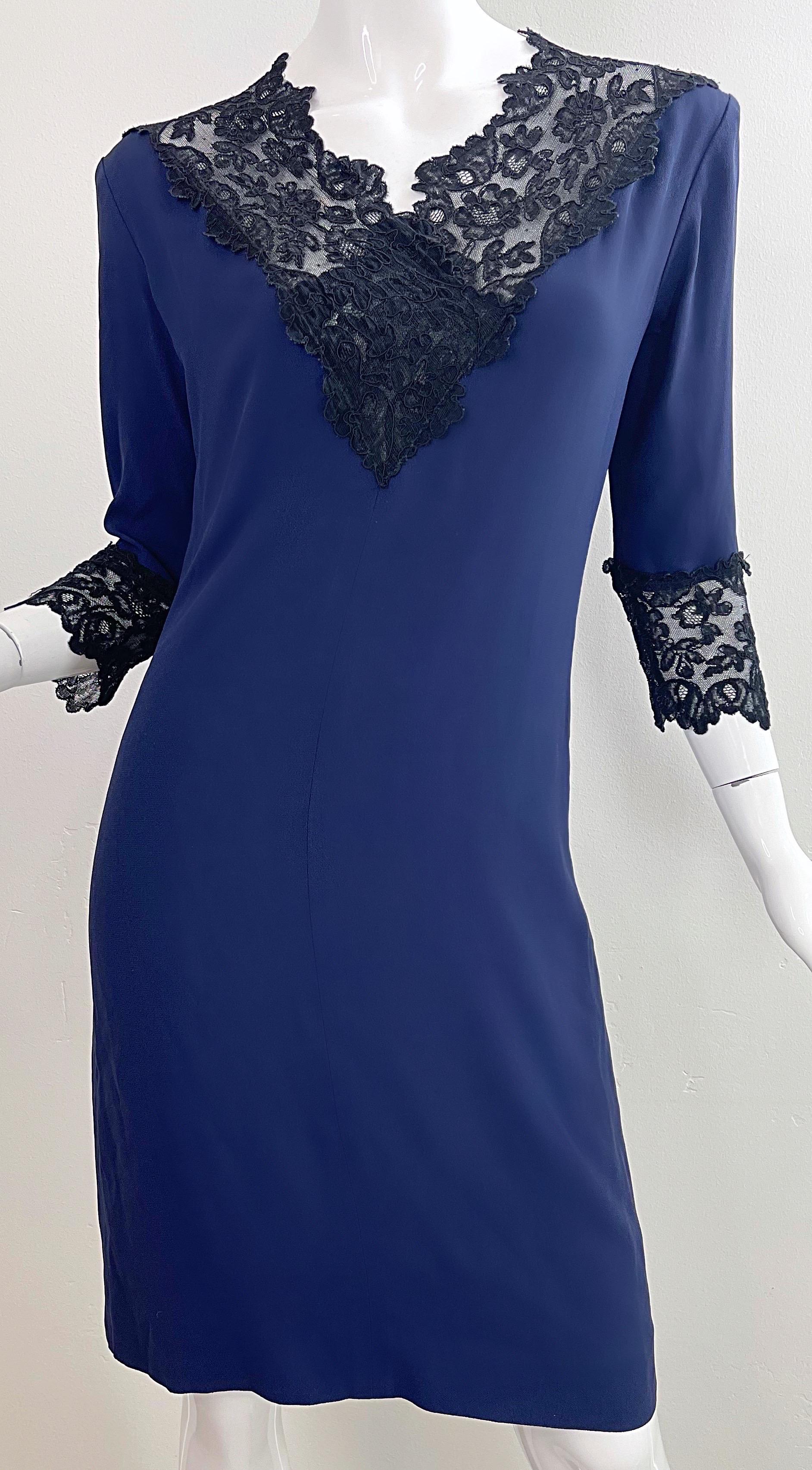 Women's 1990s Yves Saint Laurent Size 40 / US 6 - 8 Navy Blue Black Silk Lace 90s Dress For Sale
