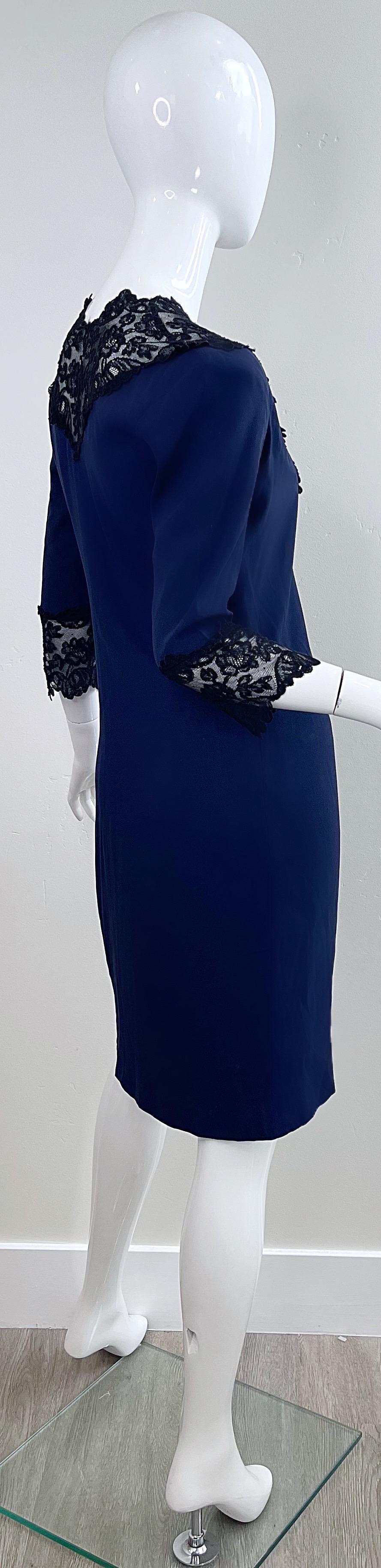 1990s Yves Saint Laurent Size 40 / US 6 - 8 Navy Blue Black Silk Lace 90s Dress For Sale 1