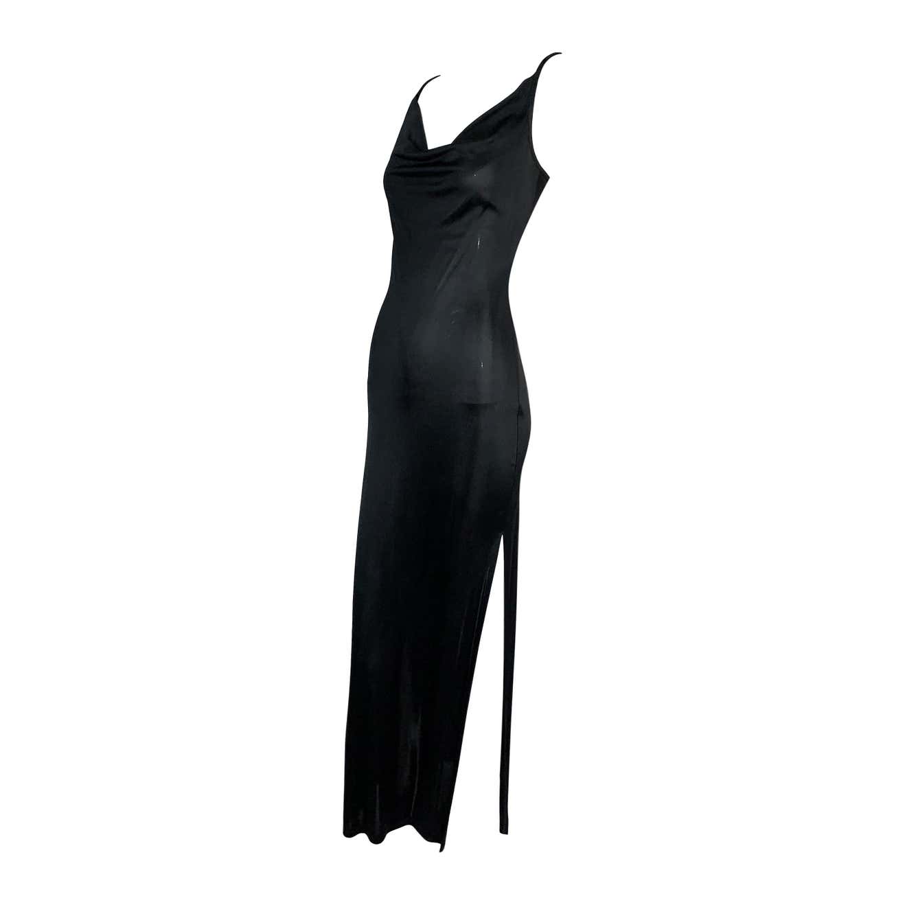 1990's Yves Saint Laurent Slinky Black High Slit Long Dress at 1stDibs ...