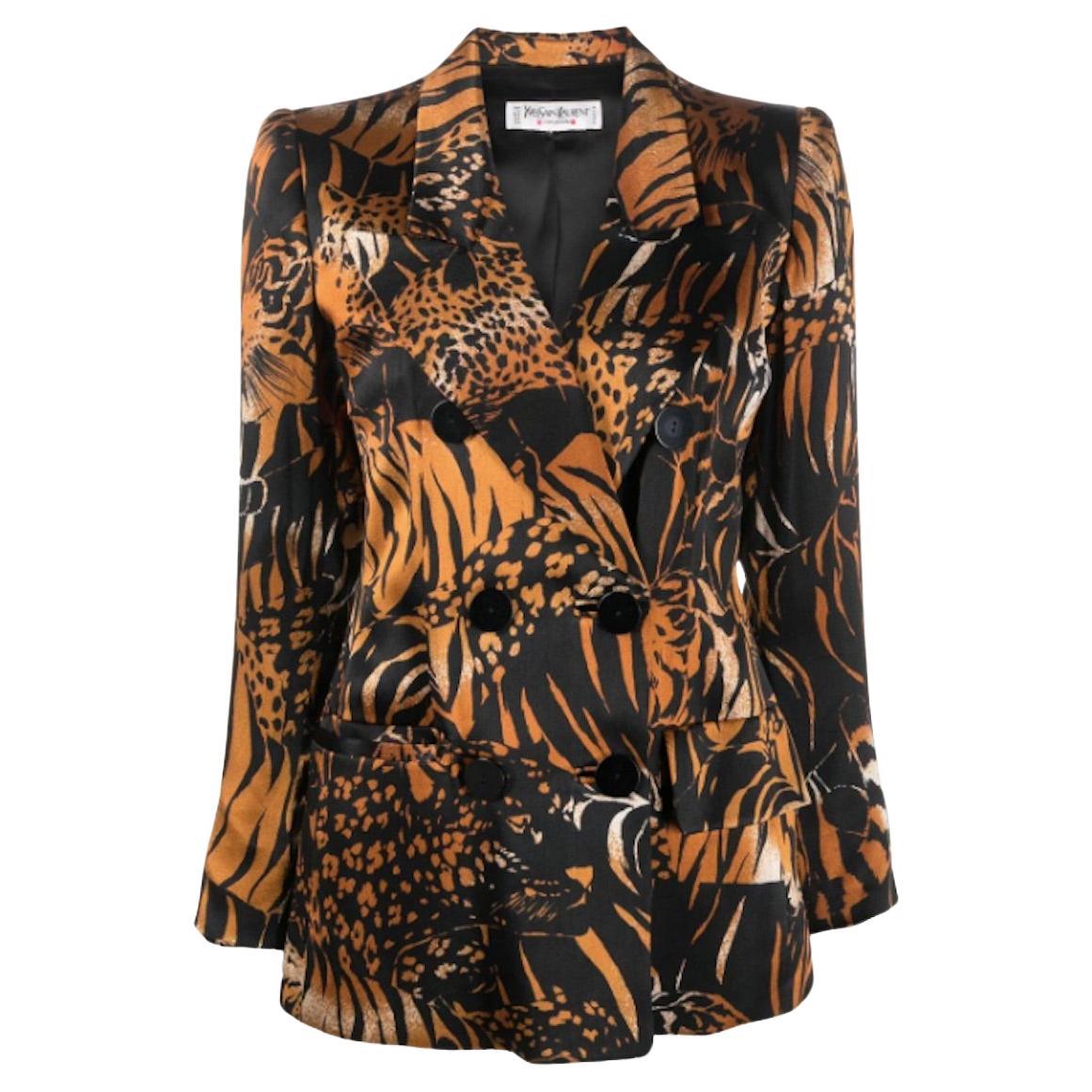 1990s Yves Saint Laurent YSL Animal Print Silk Jacket For Sale