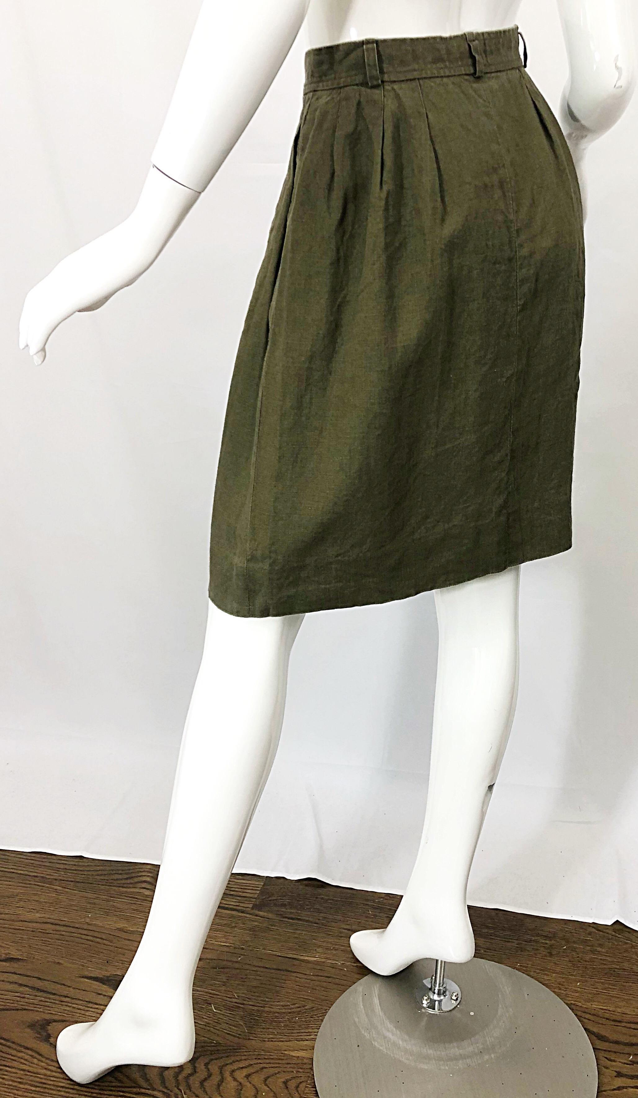 1990s Yves Saint Laurent YSL Rive Gauche Army Green Vintage 90s Linen Skirt For Sale 3
