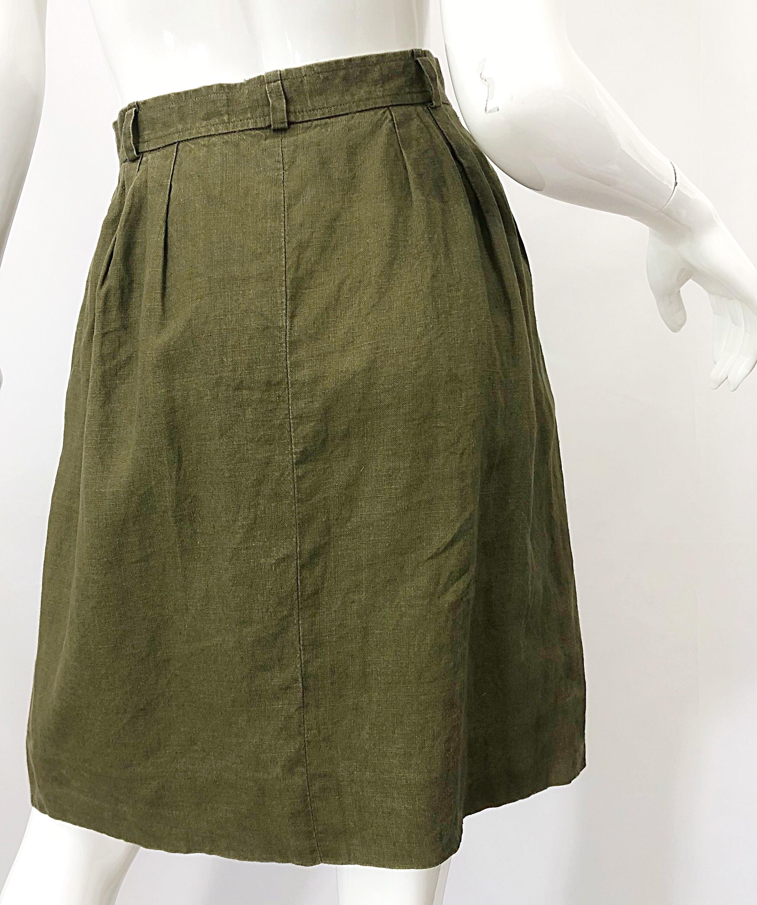 1990s Yves Saint Laurent YSL Rive Gauche Army Green Vintage 90s Linen Skirt For Sale 4
