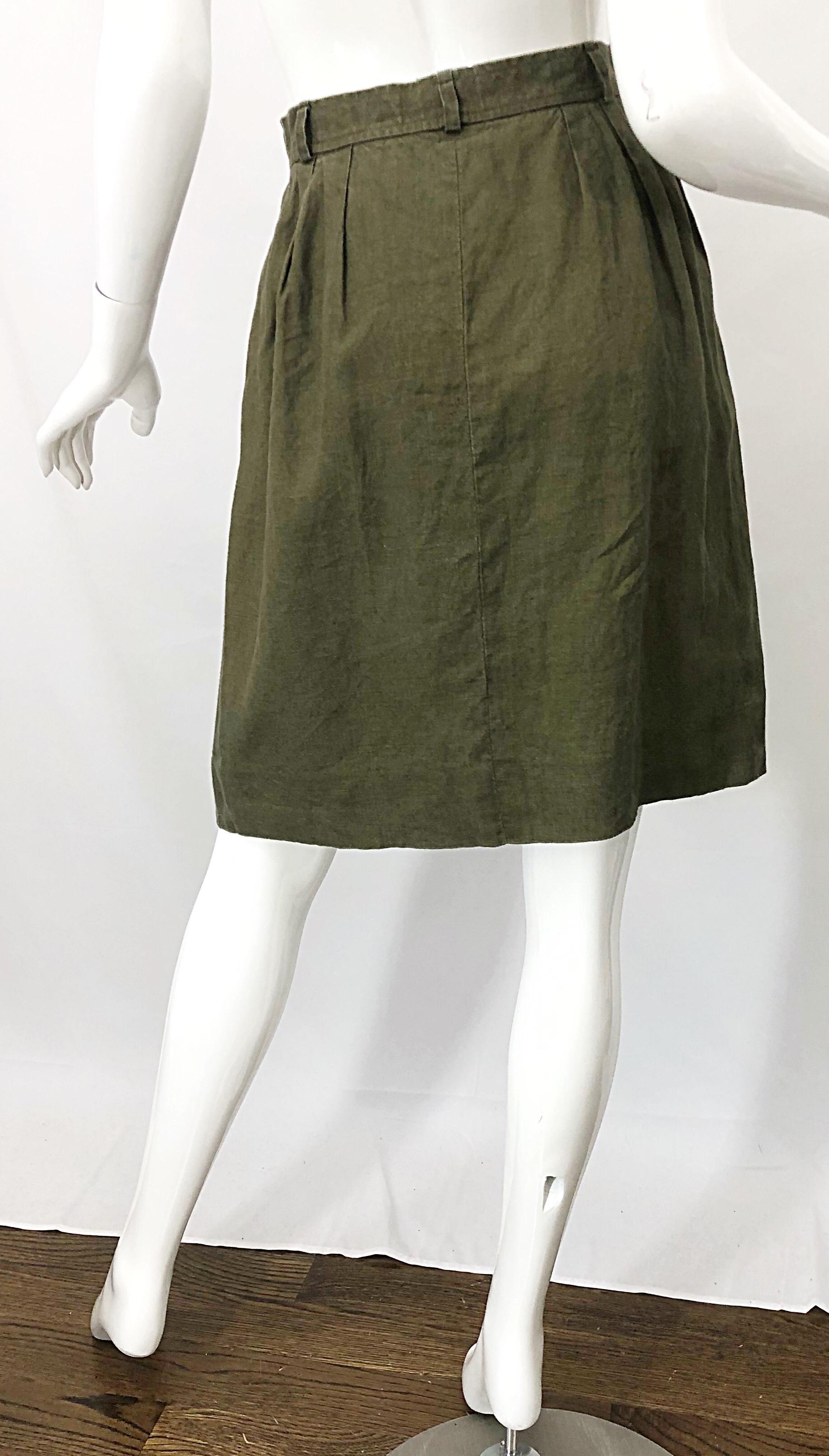 Brown 1990s Yves Saint Laurent YSL Rive Gauche Army Green Vintage 90s Linen Skirt For Sale